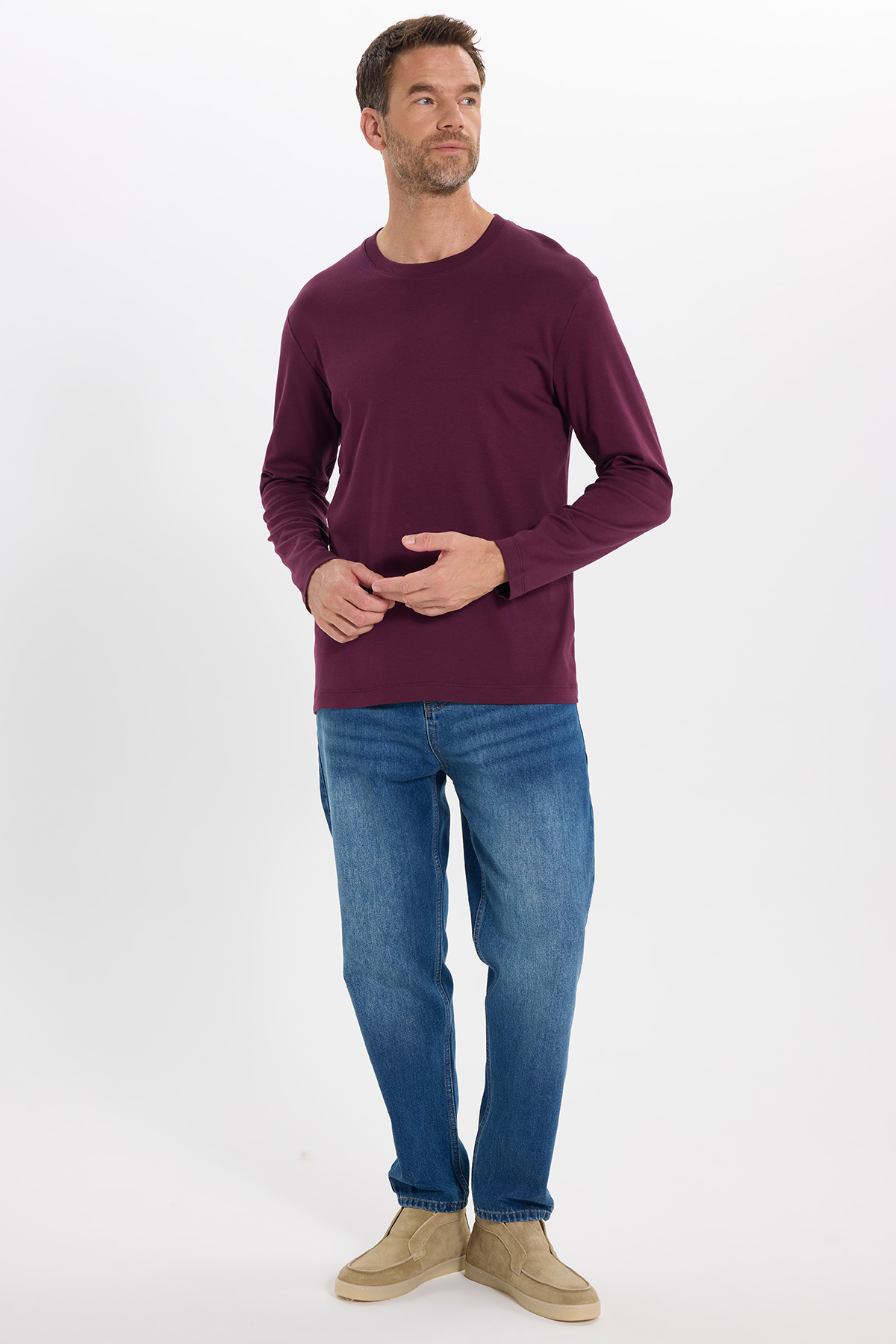 Unisex Relax Fit Rahat Kesim %100 Pamuk Uzun Kollu Bisiklet Yaka Bordo Basic Sweatshirt — زرشکی SW240014 — تصویر 3 از 8
