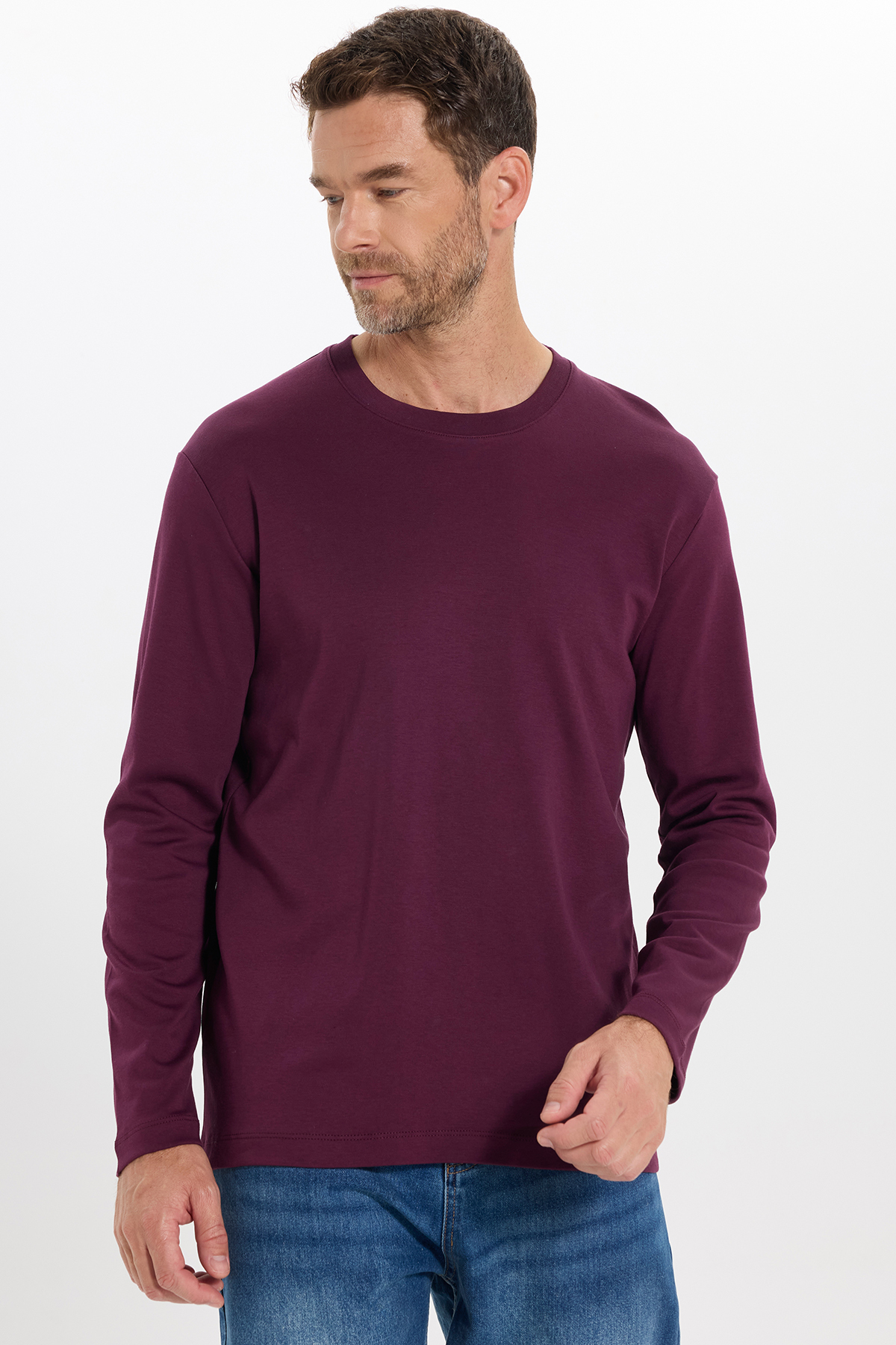 Unisex Relax Fit Rahat Kesim %100 Pamuk Uzun Kollu Bisiklet Yaka Bordo Basic Sweatshirt — زرشکی SW240014 — تصویر 5 از 8
