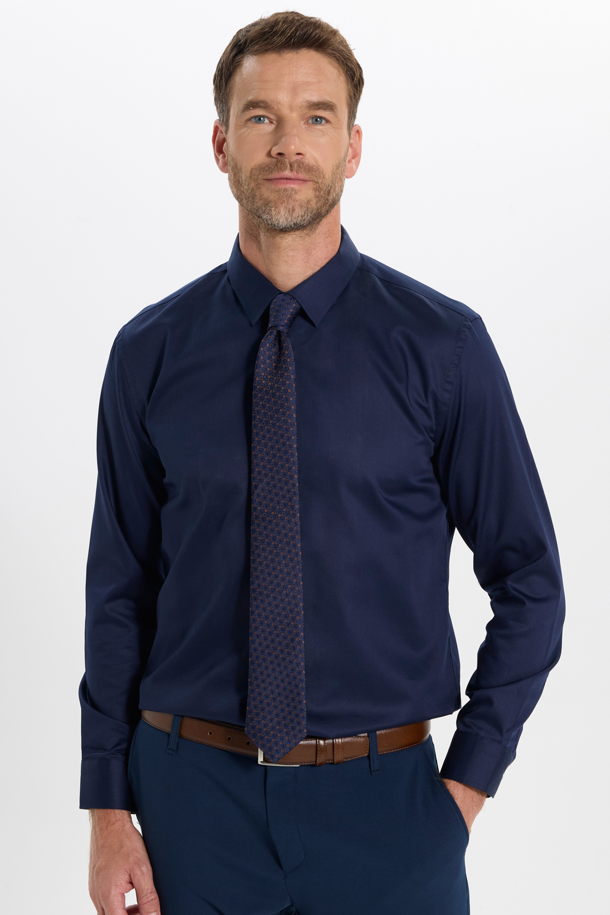 Erkek Slim Fit Non-Iron Uzun Kol Kravatlık Yaka Pamuklu Lacivert Gömlek — سرمه‌ای DR250009 — تصویر 5 از 9