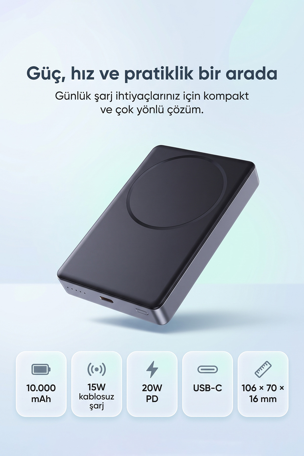 MG210 10000mAh PD20W Magsafe 15W Kablosuz Type-C Gri Şarj Cihazı Powerbank 5