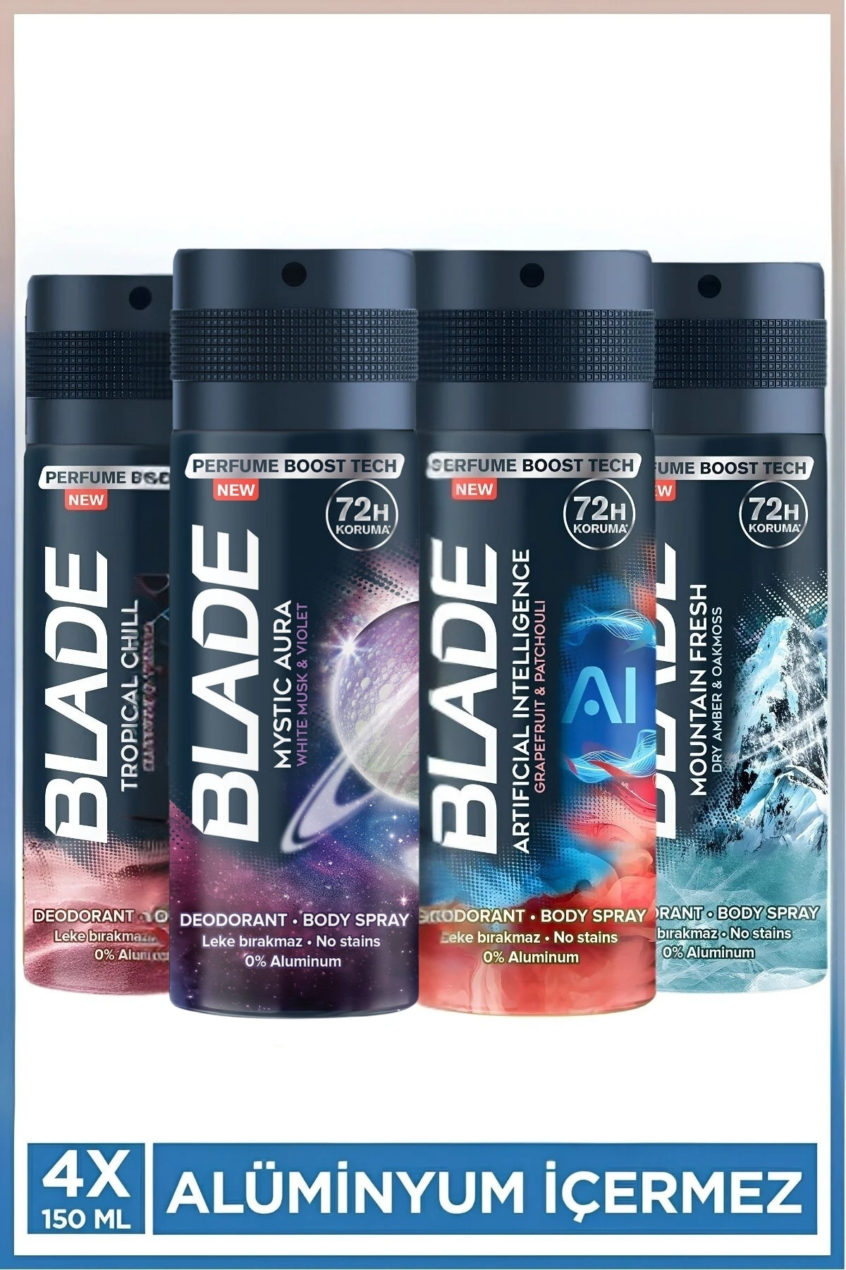 Blade Erkek Deodorant ( Mysaur,Intelligence, Tropical Chill, Mountain Fresh) 4x150 Ml Leke Bırakmaz