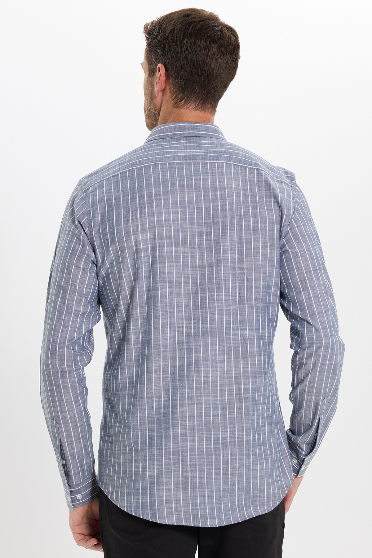 پیراهن تودورز مردانه کتان پنبه ای آبی سرمه ای بیسیک راه راه Slim Fit/اسلیم فیت    بیسیک کژوال/روزمره | Tudors DR240048 TR - تصویر 6