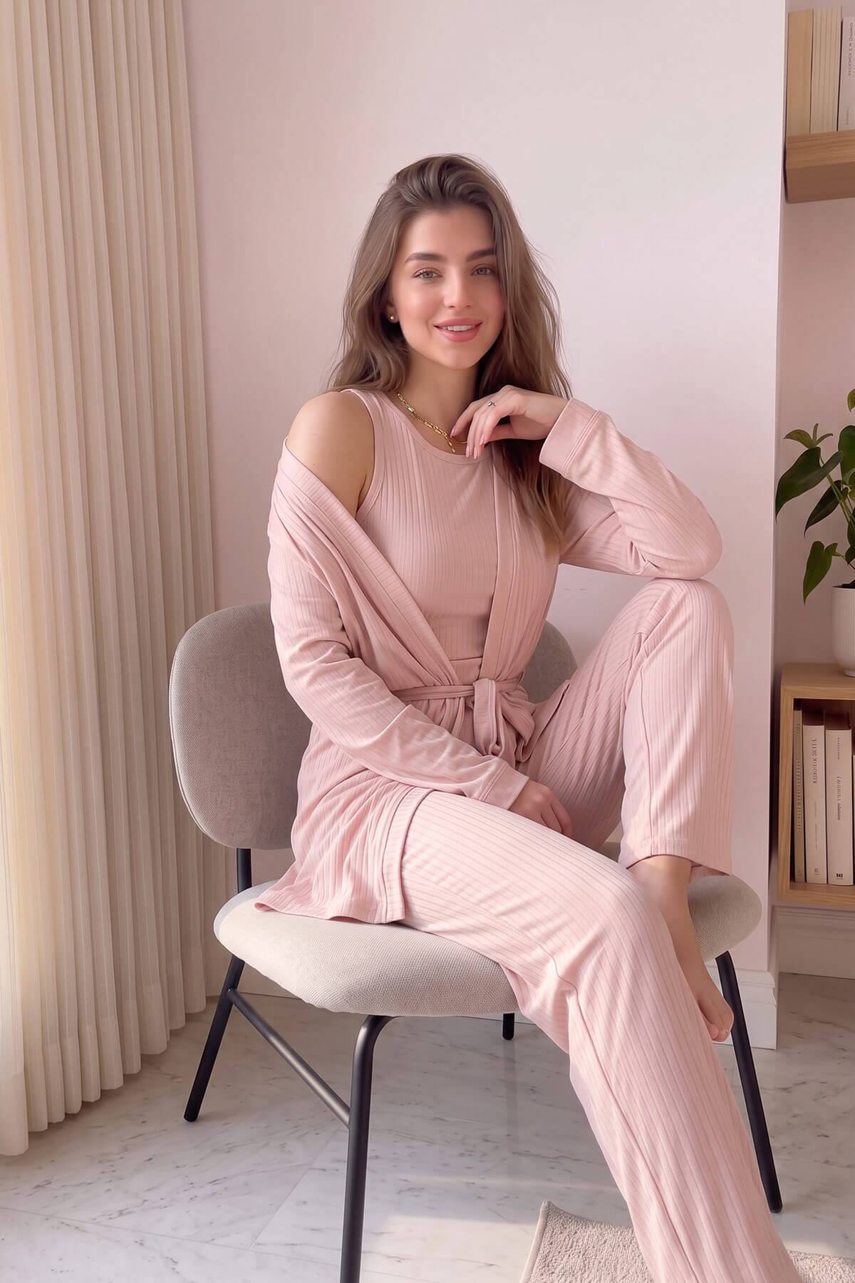 Pijamaevi Pudra Dublin Sabahlıklı Kadın Pijama Takımı görsel 4