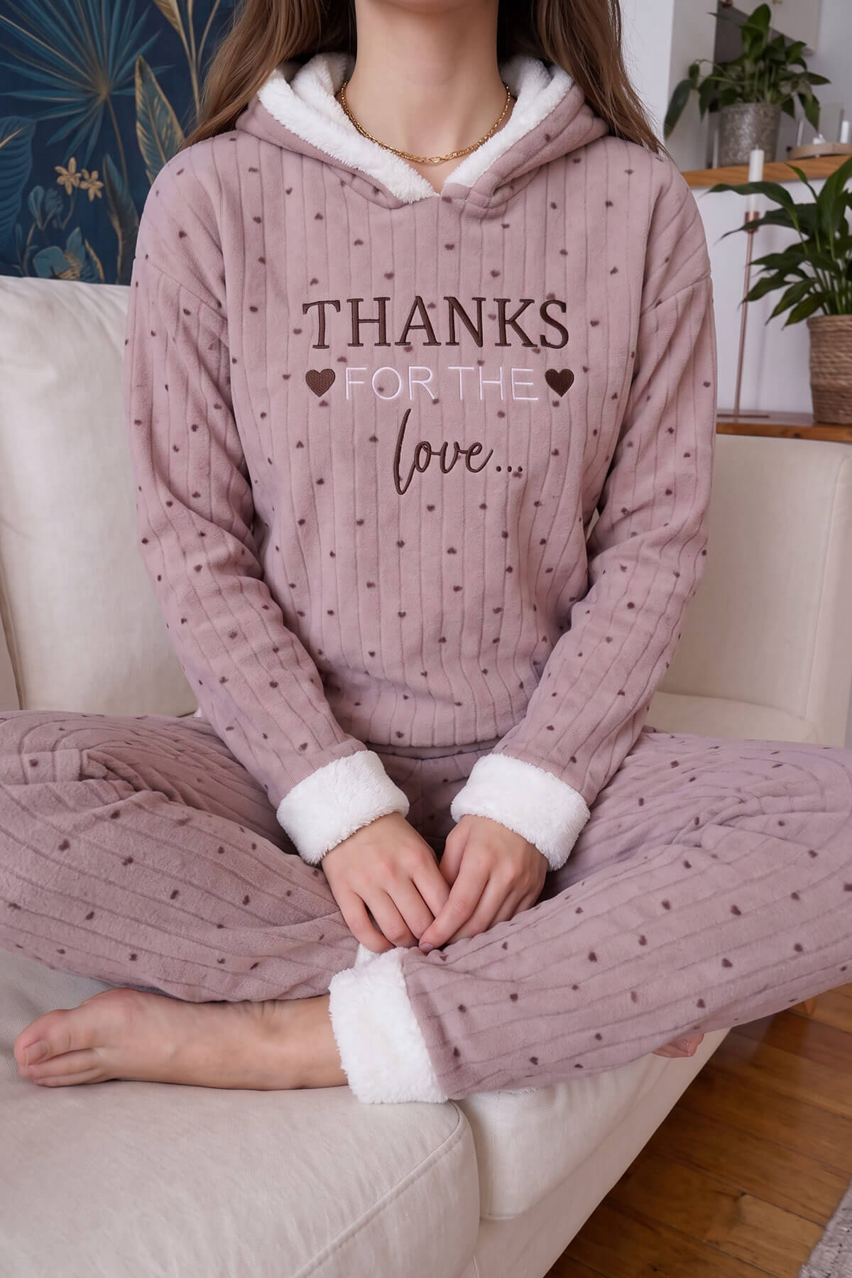 Pijamaevi Kahve Heart Magic Desenli Kapşonlu Peluş Polar Pijama görsel 6