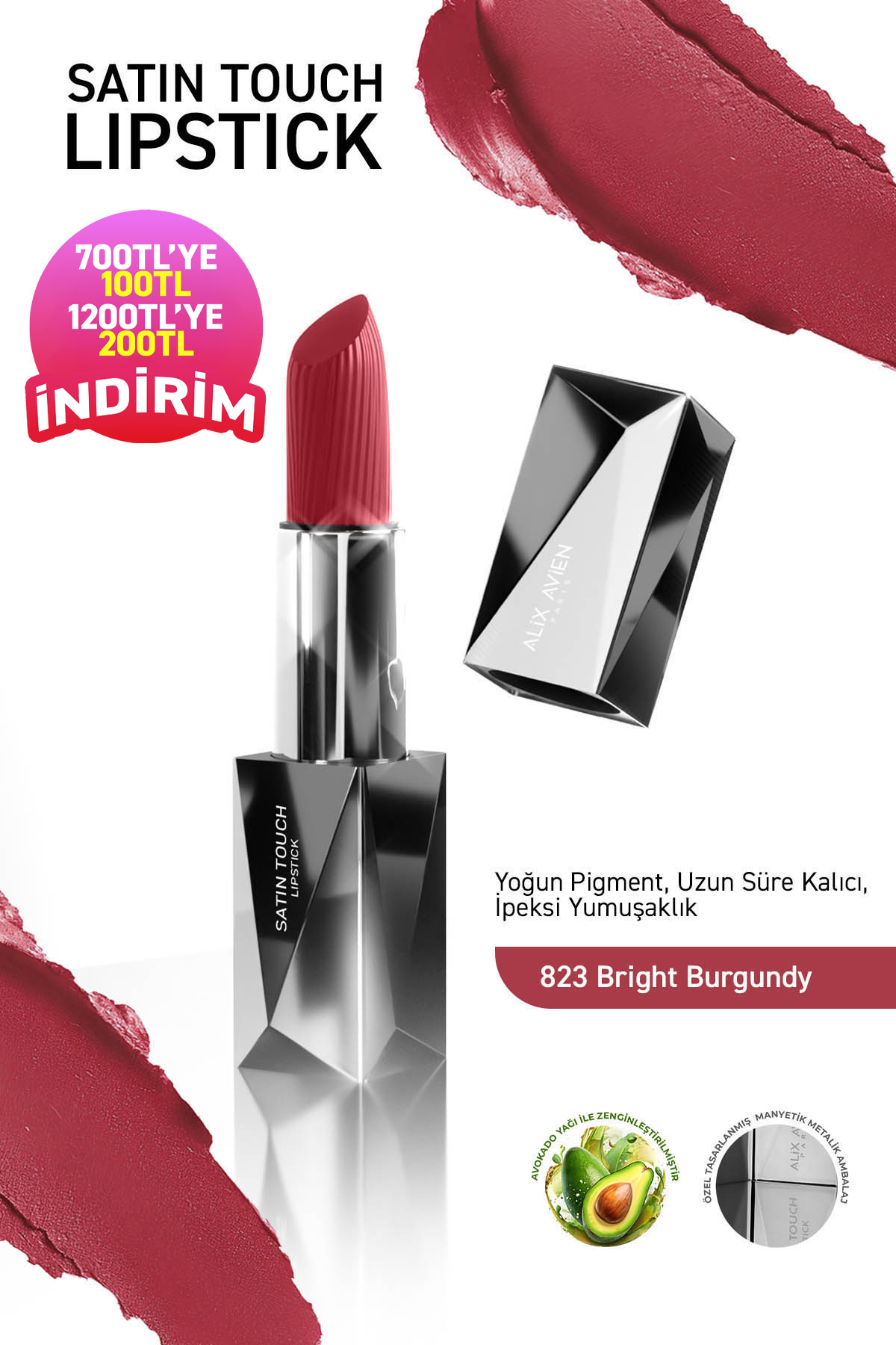 Alix Avien Uzun Süre Kalıcı Nemlendirici Pürüzsüz Etkili Yarı Mat Ruj -Satin Touch Lipstick 823 Bright Burgundy — بنفش SATINTOUCH