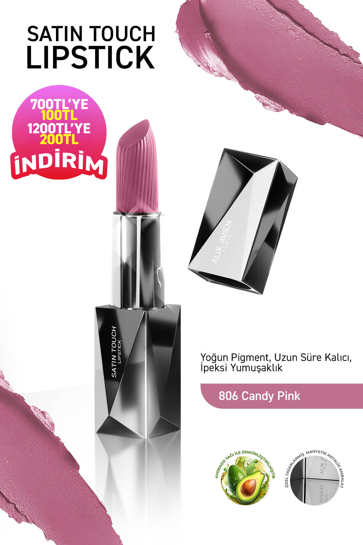 Alix Avien Uzun Süre Kalıcı Nemlendirici Pürüzsüz Etkili Yarı Mat Ruj - Satin Touch Lipstick 806 Candy Pink — صورتی SATINTOUCH