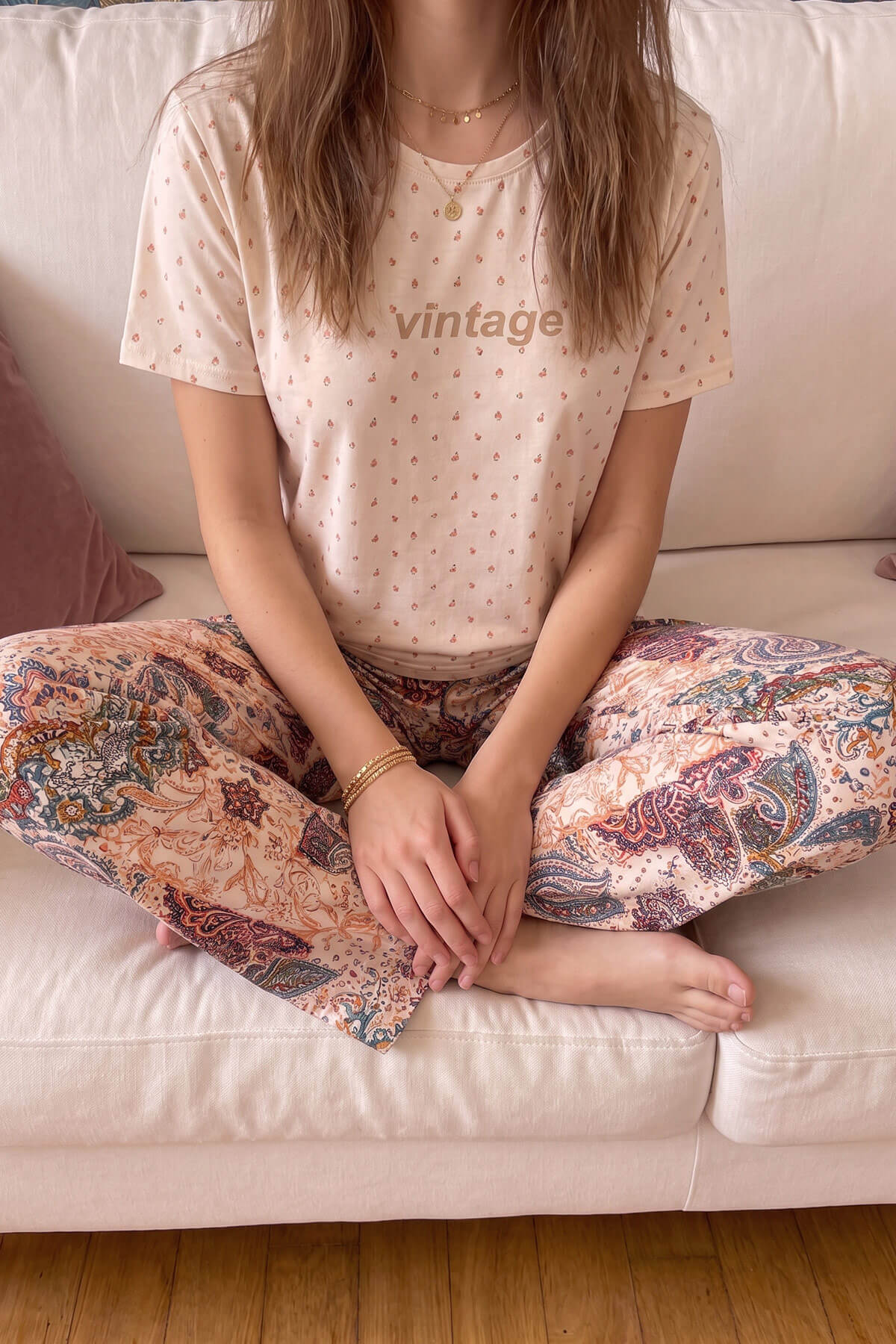 Pijamaevi Bej Vintage Desenli Kısa Kollu Örme Kadın Pijama Takımı görsel 5