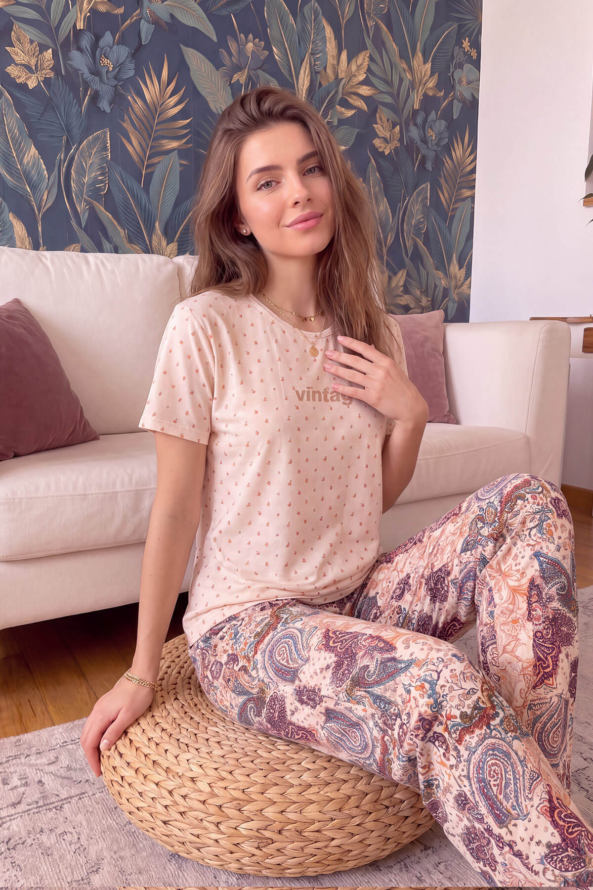 Pijamaevi Bej Vintage Desenli Kısa Kollu Örme Kadın Pijama Takımı görsel 2