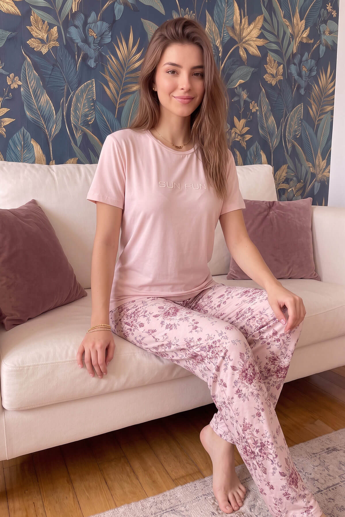 Pijamaevi Mercan Sun Desenli Kısa Kollu Örme Kadın Pijama Takımı görsel 3