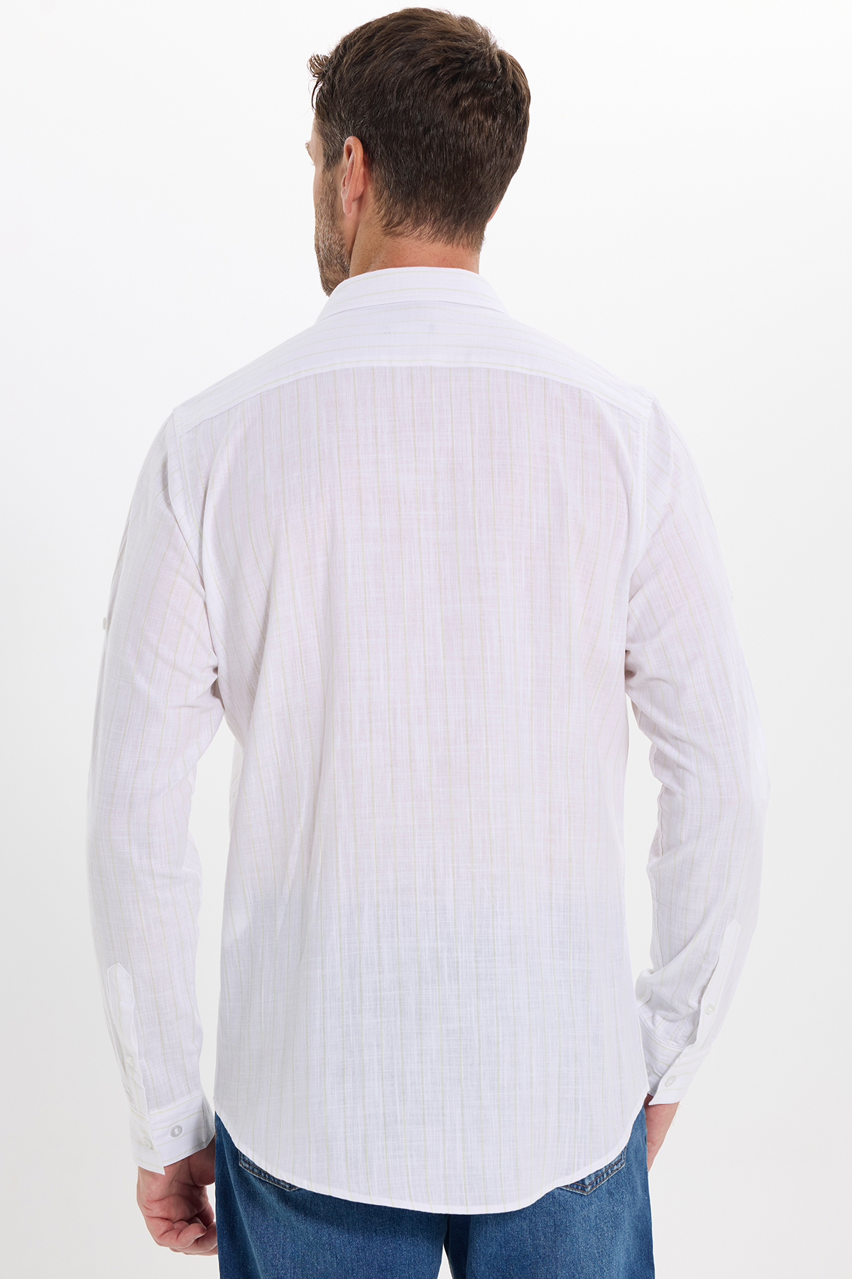 پیراهن تودورز مردانه کتان پنبه ای سفید بیسیک راه راه Slim Fit/اسلیم فیت    بیسیک کژوال/روزمره | Tudors DR240048 TR - تصویر 7