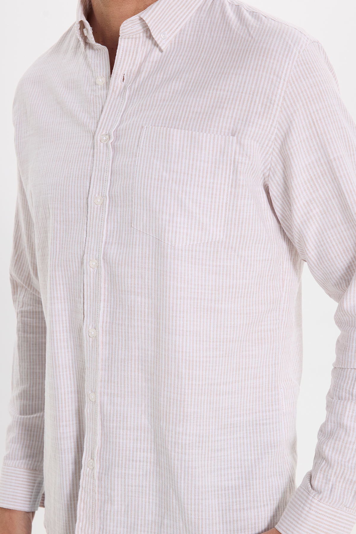 پیراهن تودورز مردانه کتان پنبه ای بژ  راه راه Slim Fit/اسلیم فیت    آستین بلند کژوال/روزمره | Tudors DR250031-3325 TR - تصویر 6