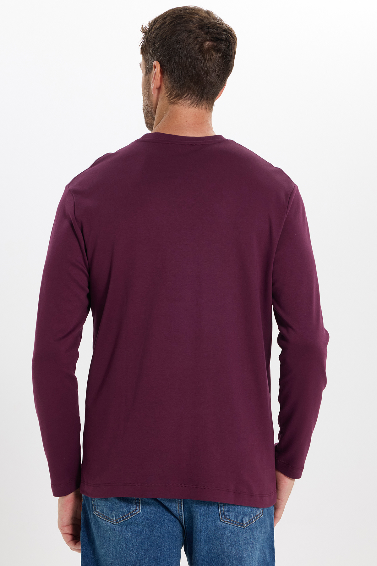 Unisex Relax Fit Rahat Kesim %100 Pamuk Uzun Kollu Bisiklet Yaka Bordo Basic Sweatshirt — زرشکی SW240014 — تصویر 8 از 8