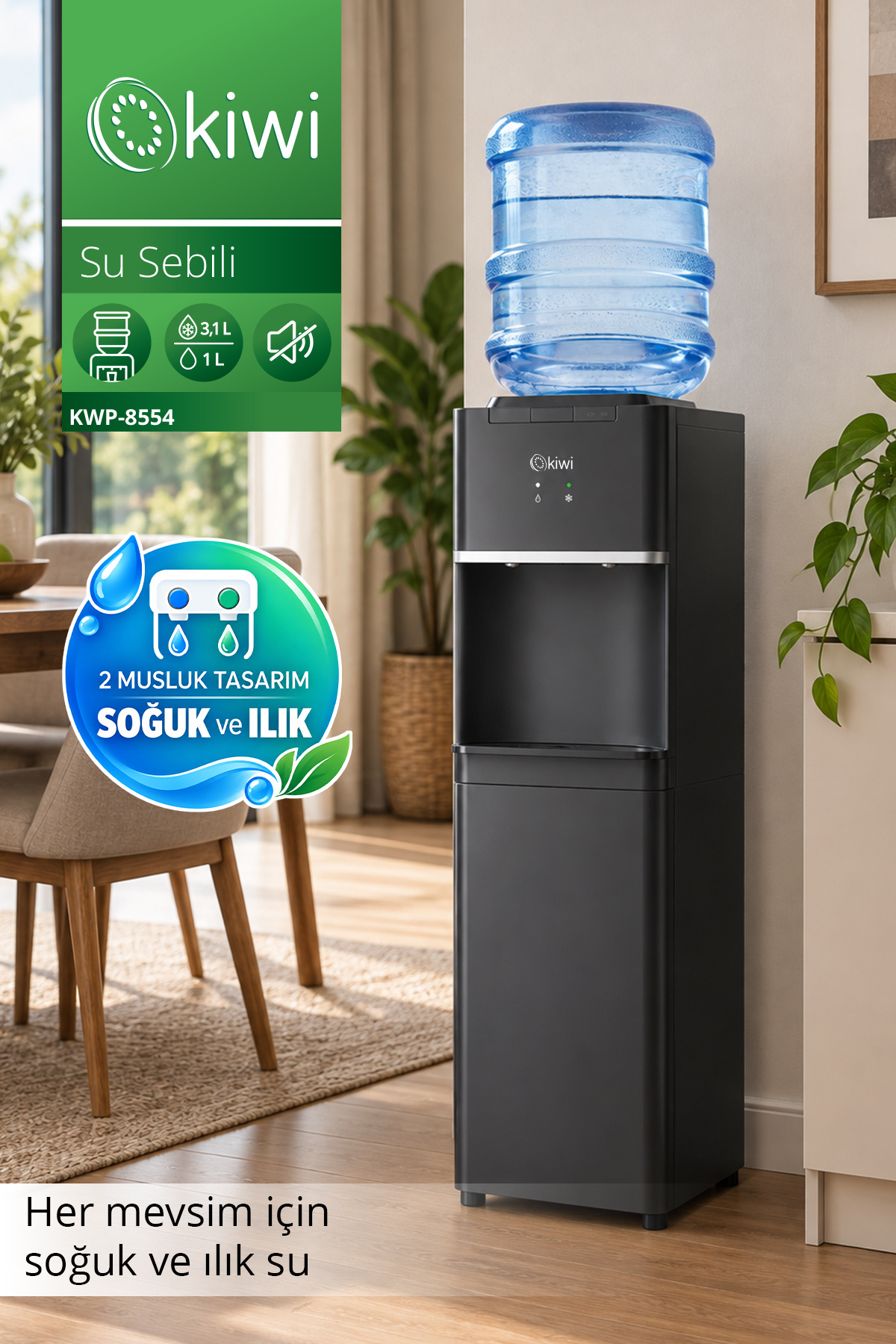 Kiwi KWP-8554 Su Sebili | Normal ve Soğuk Su | 11–19 L Damacana Uyumlu | Sessiz Çalışma