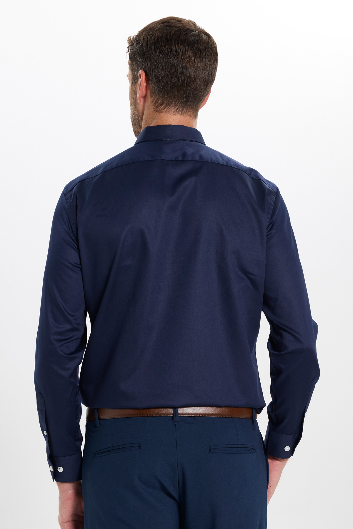 Erkek Slim Fit Non-Iron Uzun Kol Kravatlık Yaka Pamuklu Lacivert Gömlek — سرمه‌ای DR250009 — تصویر 8 از 9