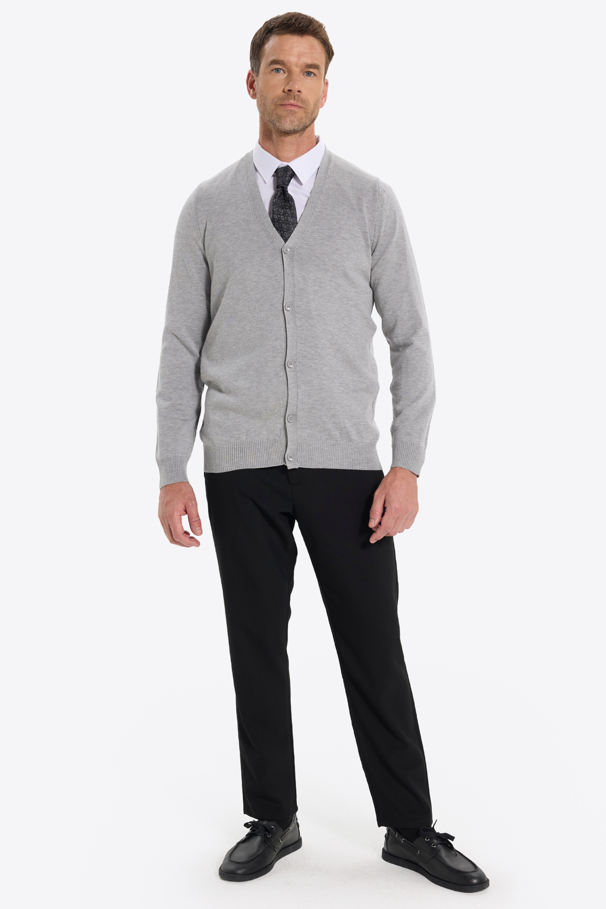 Erkek Slim Fit Düğmeli Düz Pamuk Gri Hırka — خاکستری KZ16036-02 — تصویر 3 از 9