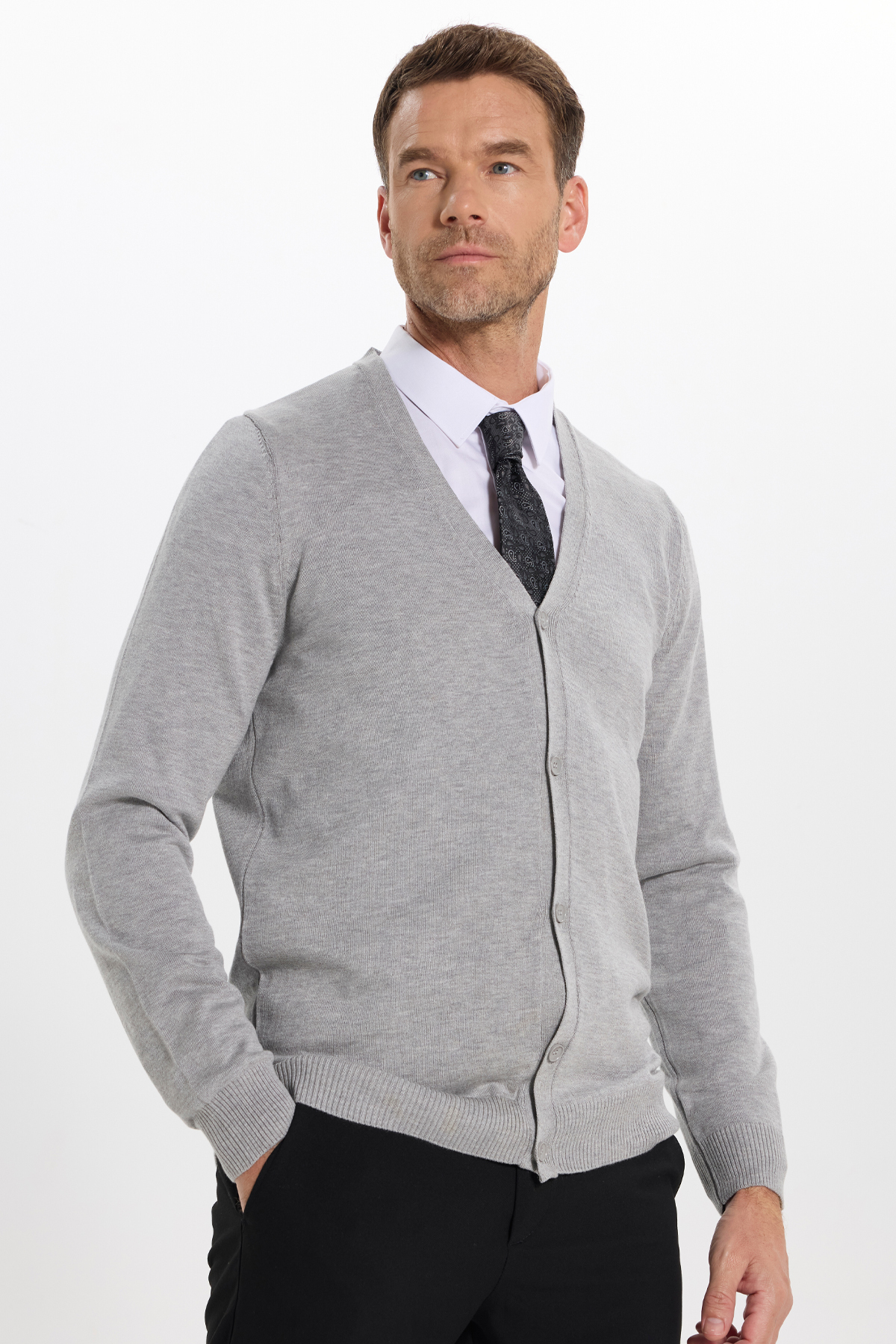 Tudors Erkek Slim Fit Düğmeli Düz Pamuk Gri Hırka — خاکستری KZ16036-02
