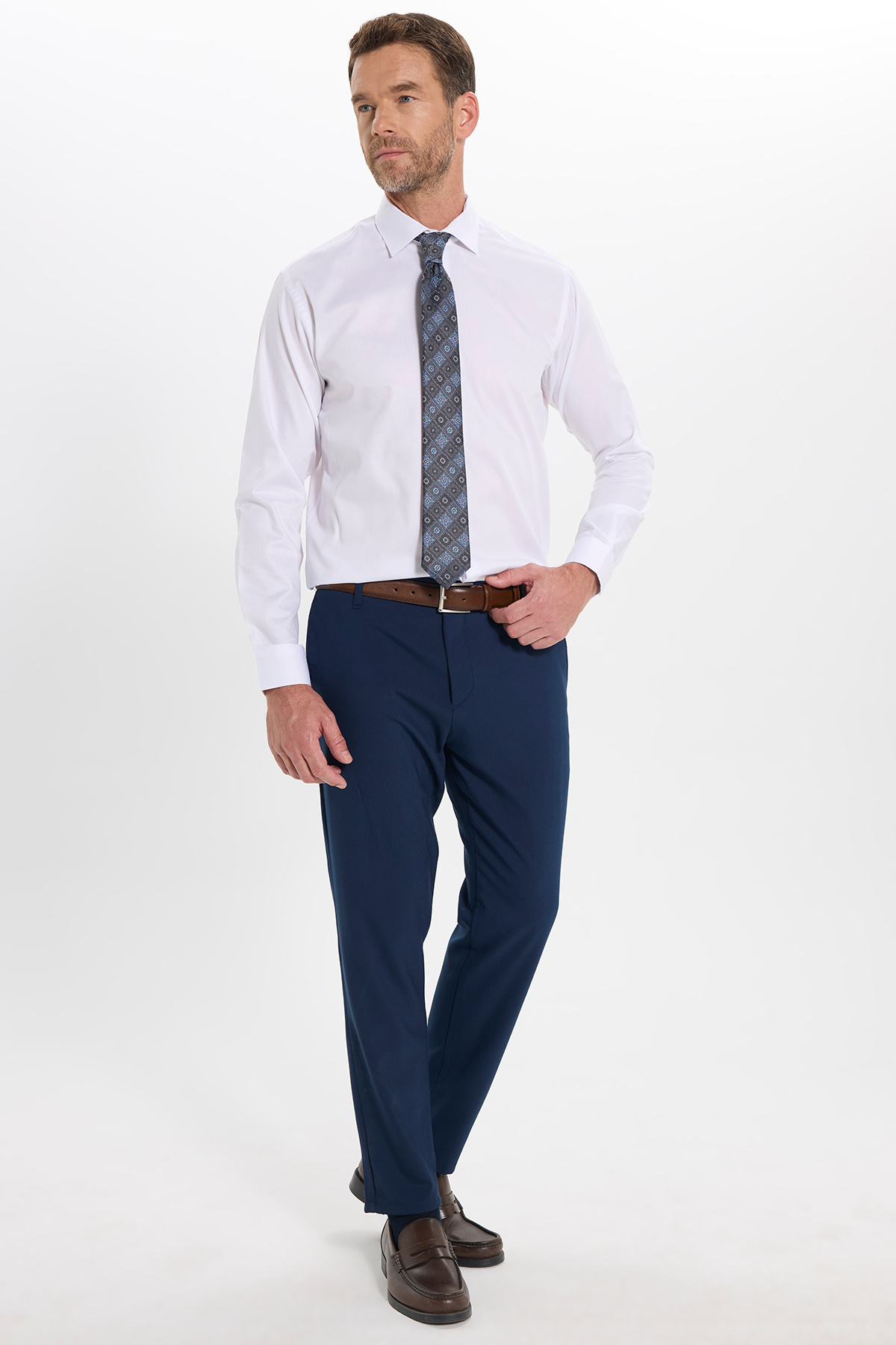 Erkek Regular Fit Rahat Kesim Uzun Kol Kravatlık Yaka Non-Iron Pamuklu Beyaz Gömlek — سفید KL250008 — تصویر 3 از 10