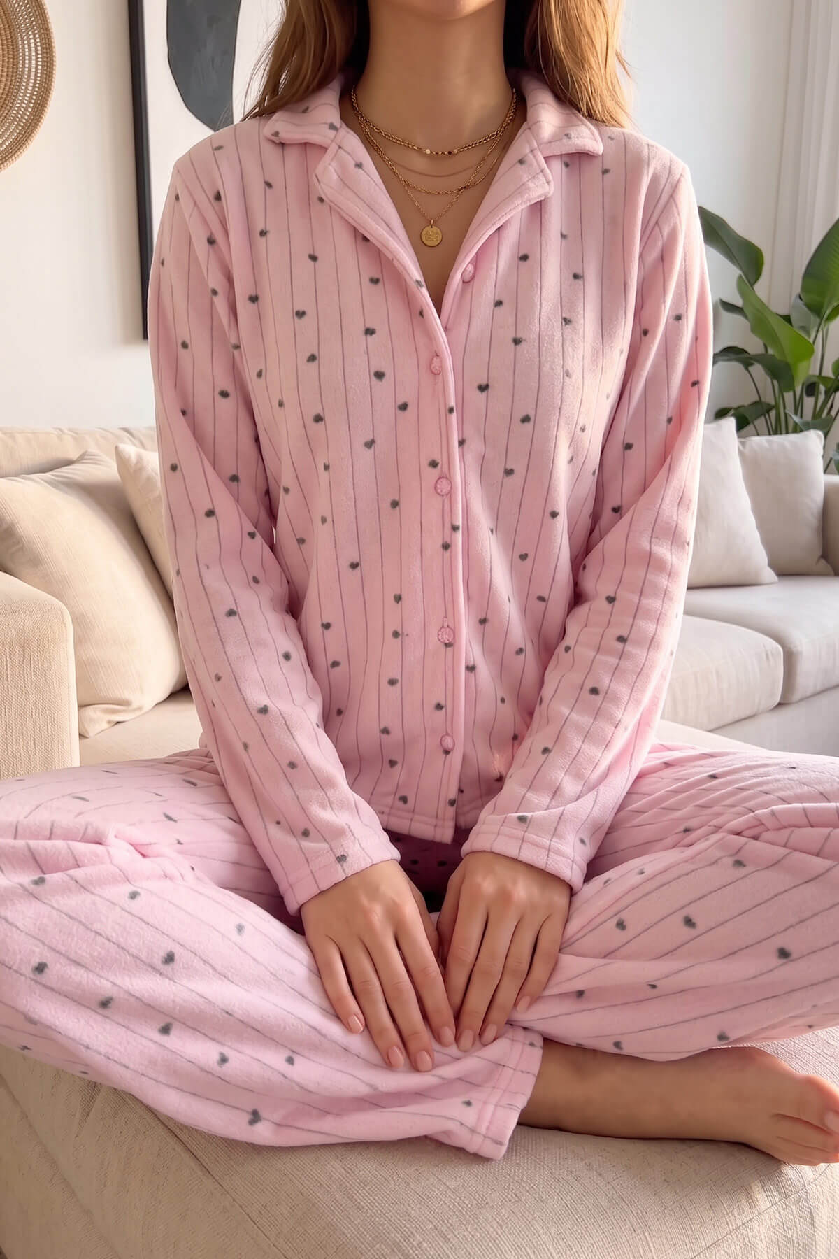 Pijamaevi Açık Pembe Kalp Desenli Önden Düğmeli Peluş Polar Pijama Takımı görsel 4