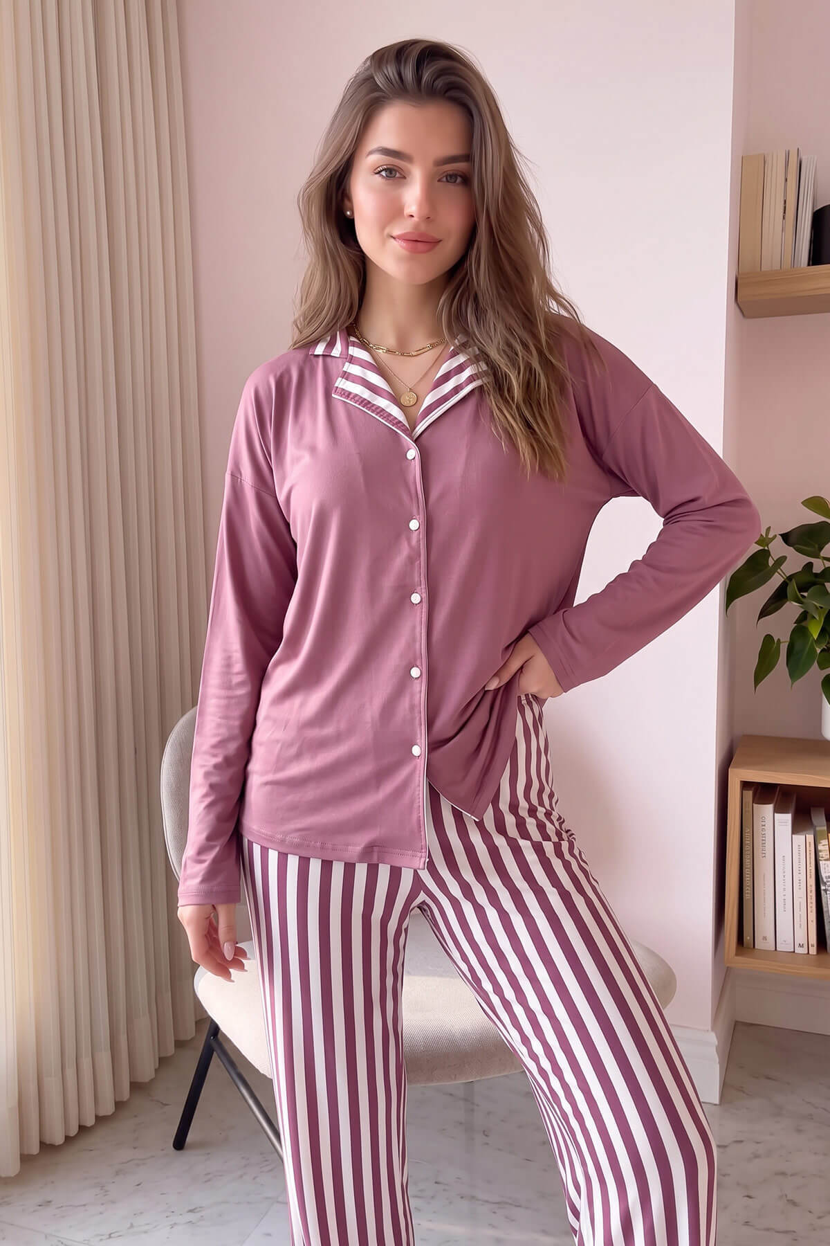 Pijamaevi Pudra Çizgi Desenli Bambu Önden Düğmeli Uzun Kol Kadın Pijama Takımı görsel 6