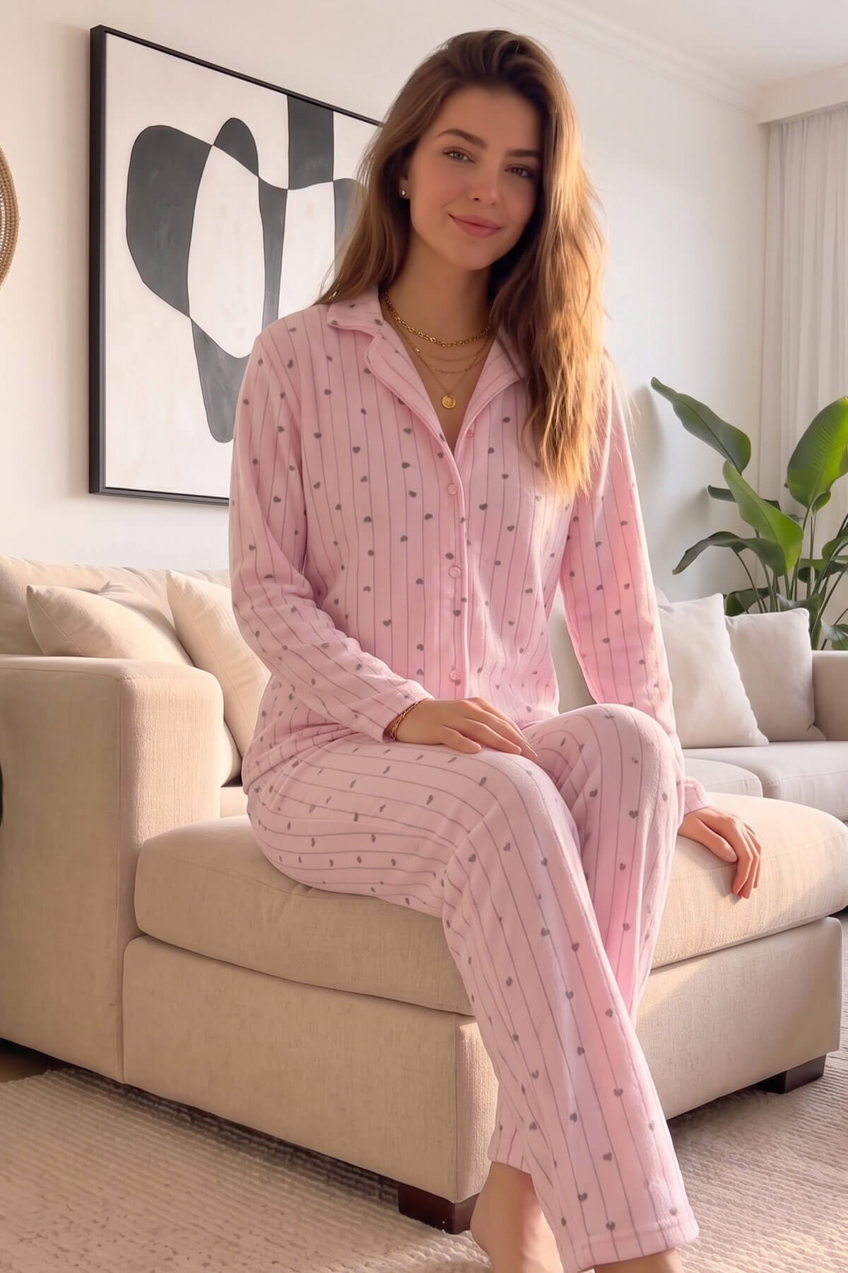 Pijamaevi Açık Pembe Kalp Desenli Önden Düğmeli Peluş Polar Pijama Takımı görsel 3