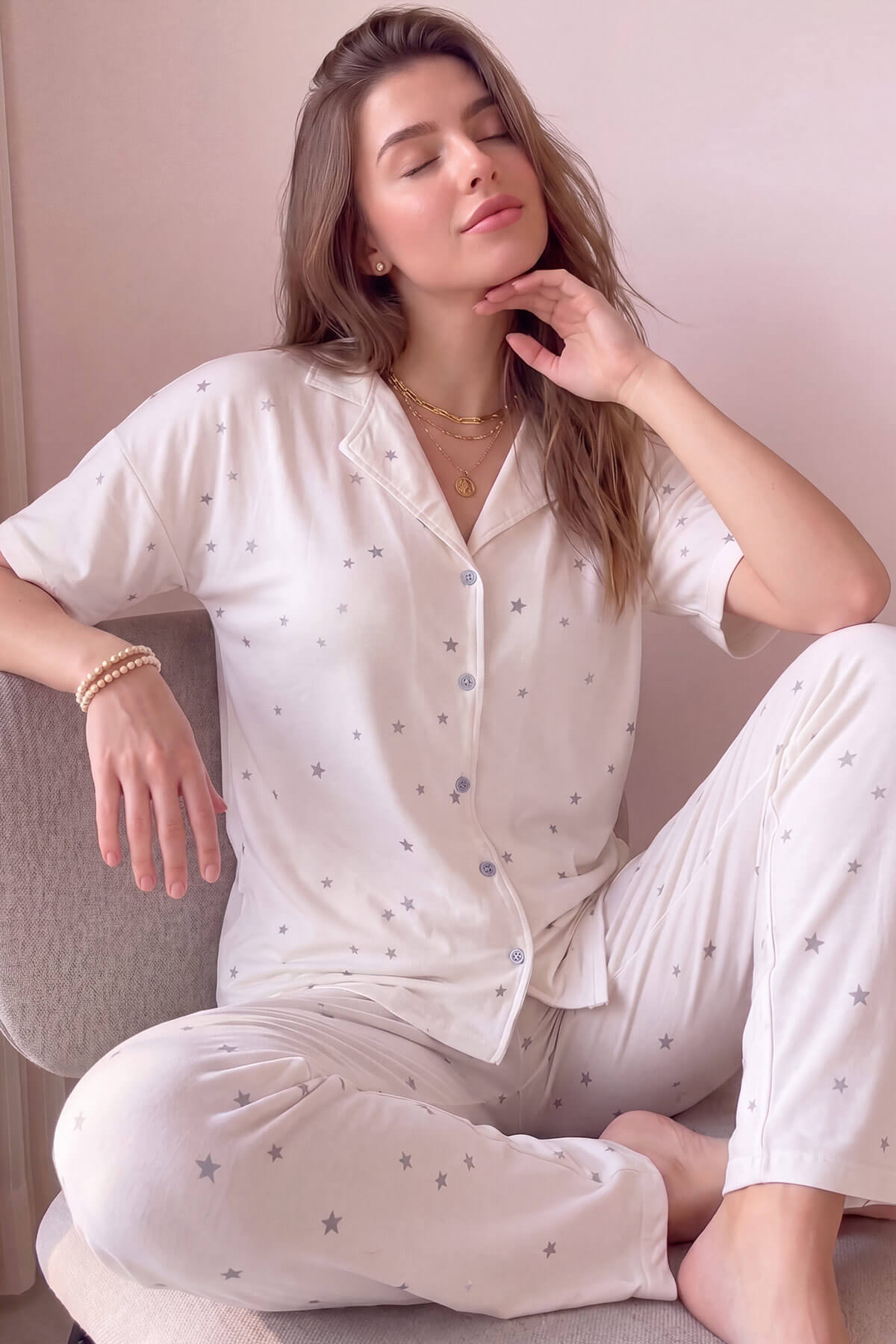 Pijamaevi Ekru Twilight Glow Desenli Bambu Önden Düğmeli Kısa Kol Pijama Takımı