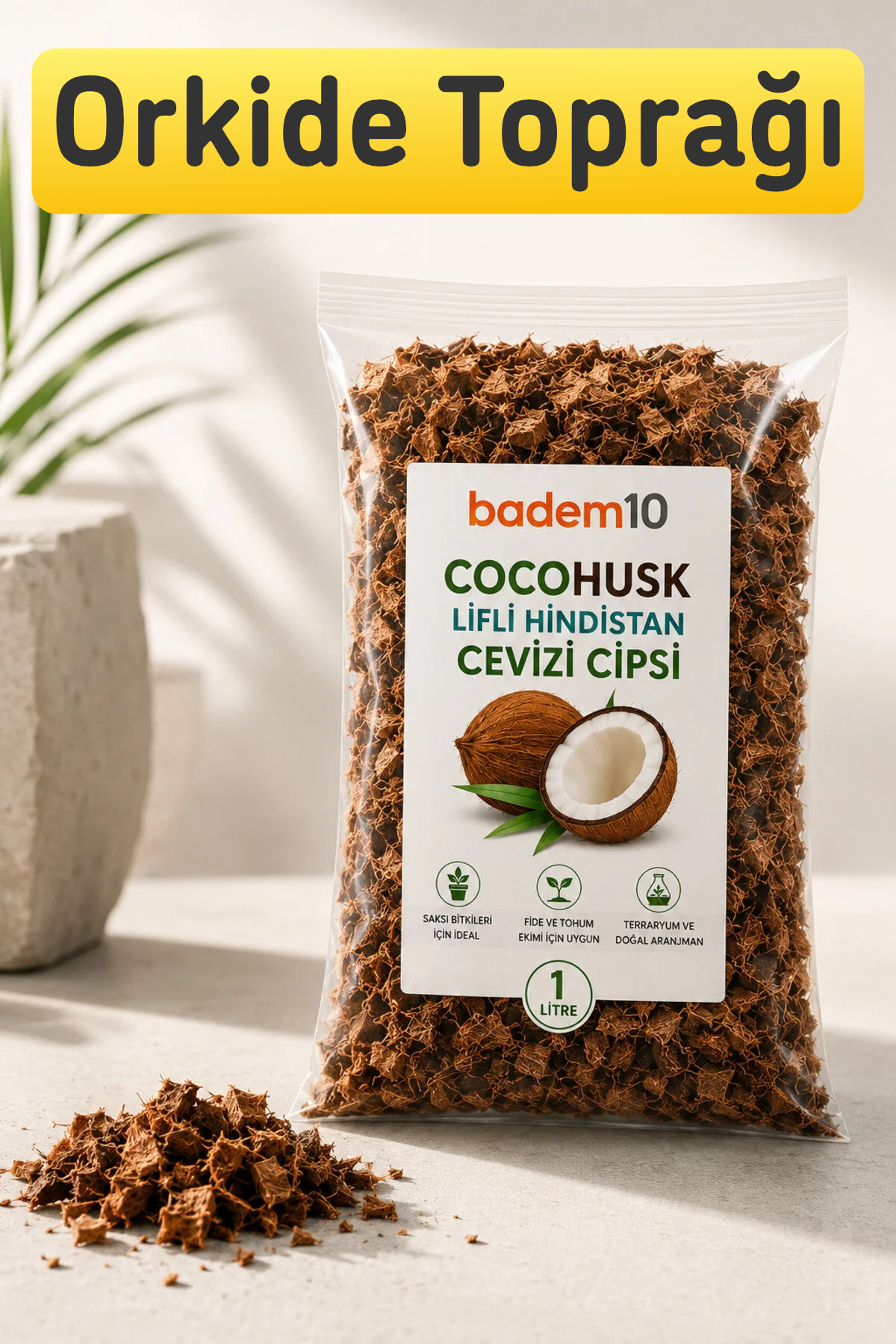 CocoHusk 1 LİTRE Lifli Hindistan Cevizi Cipsi Orkide Toprağı Saksı Bitkileri Doğal Coco Chips