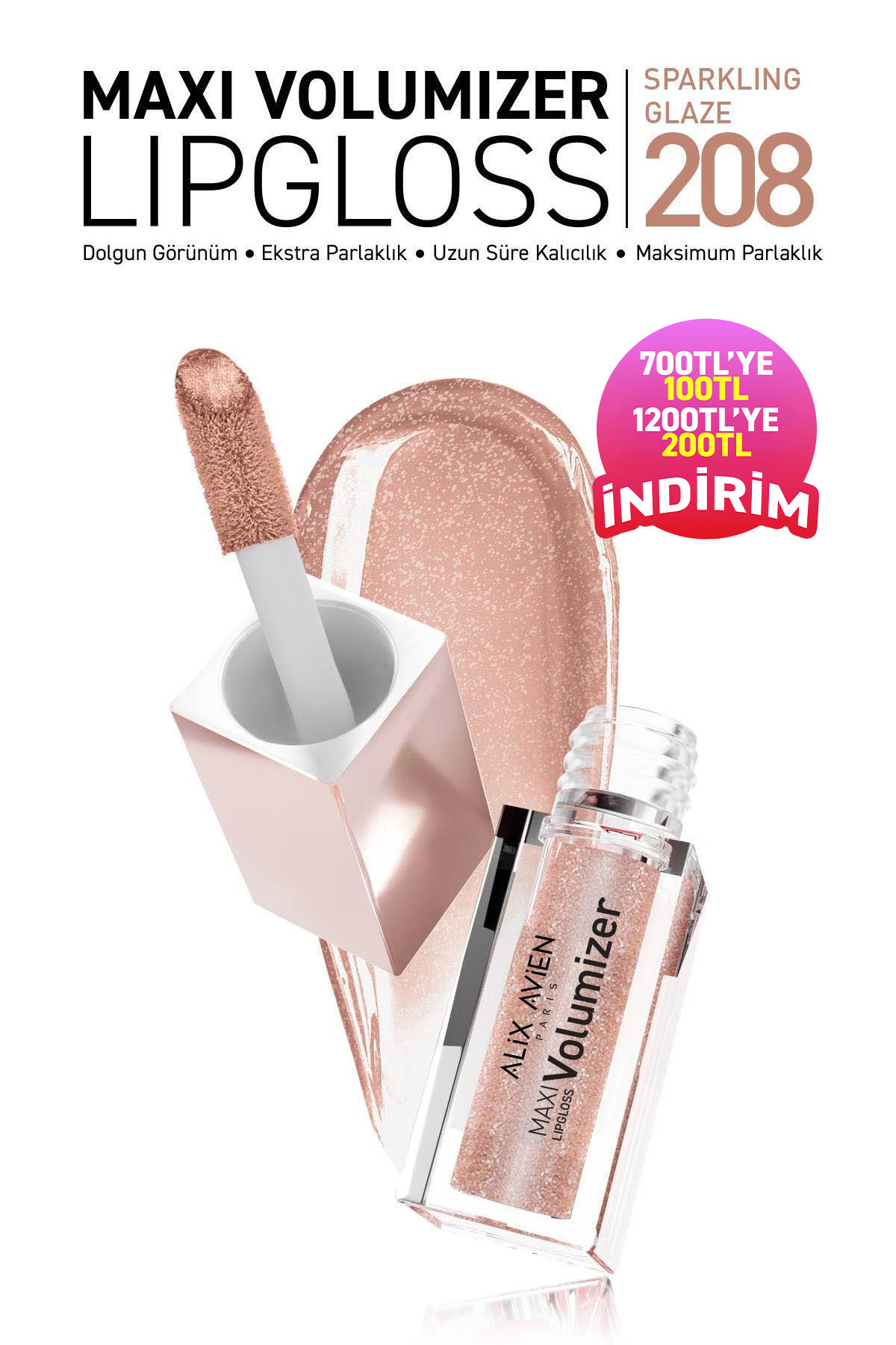 Alix Avien Maxivolumizer Lipgloss 208 - Sparkling Glaze - Kalıcı ve Nemlendirici Ruj - Dolgunlaştırıcı Etki — بژ MAXIVOLUMIZER