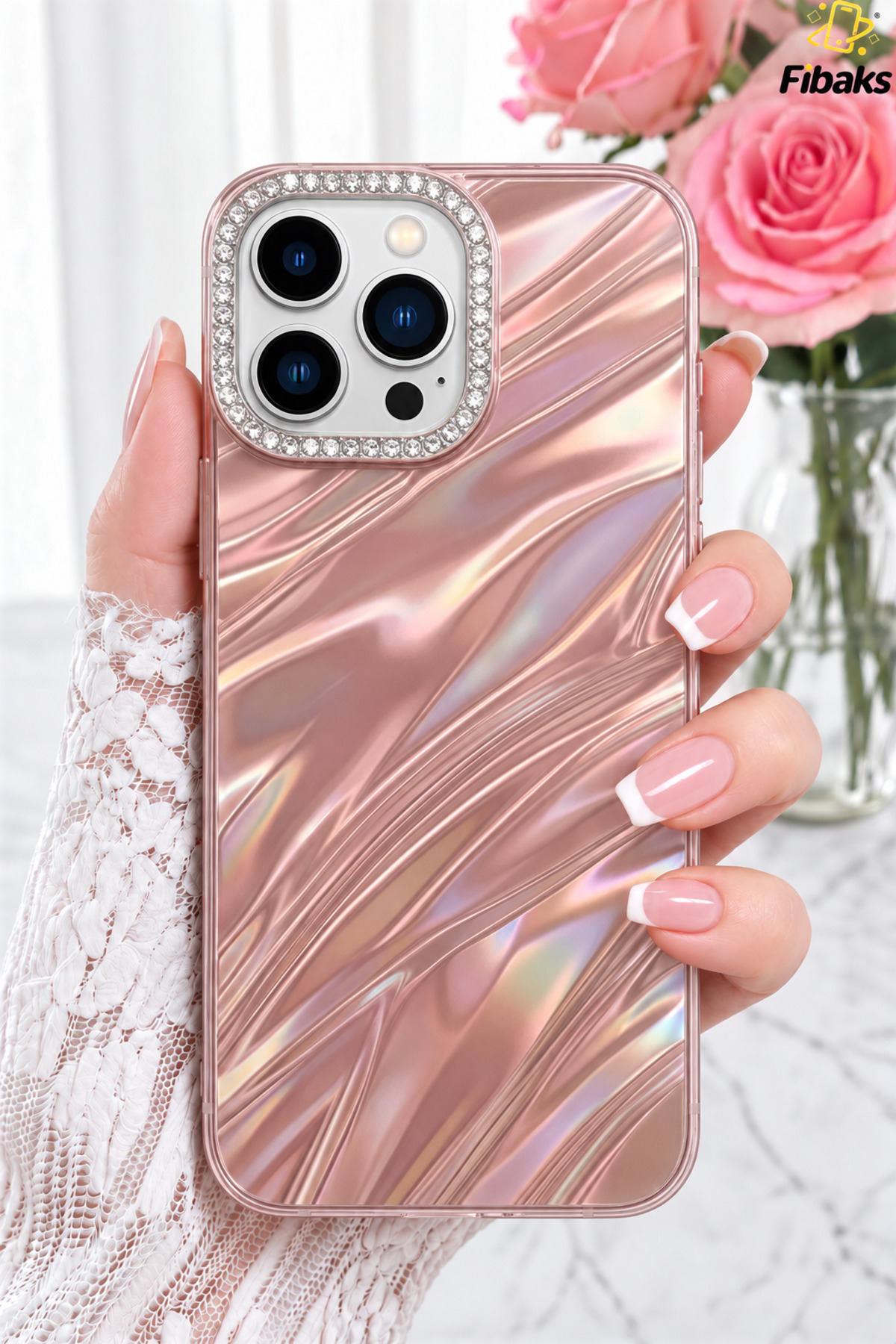 iPhone 14 Pro Max/ 15 Pro Max Kılıf Taşlı Parlak Dalga Desenli Kamera Çerçeveli Darbe Emici Korumalı Silikon Rose