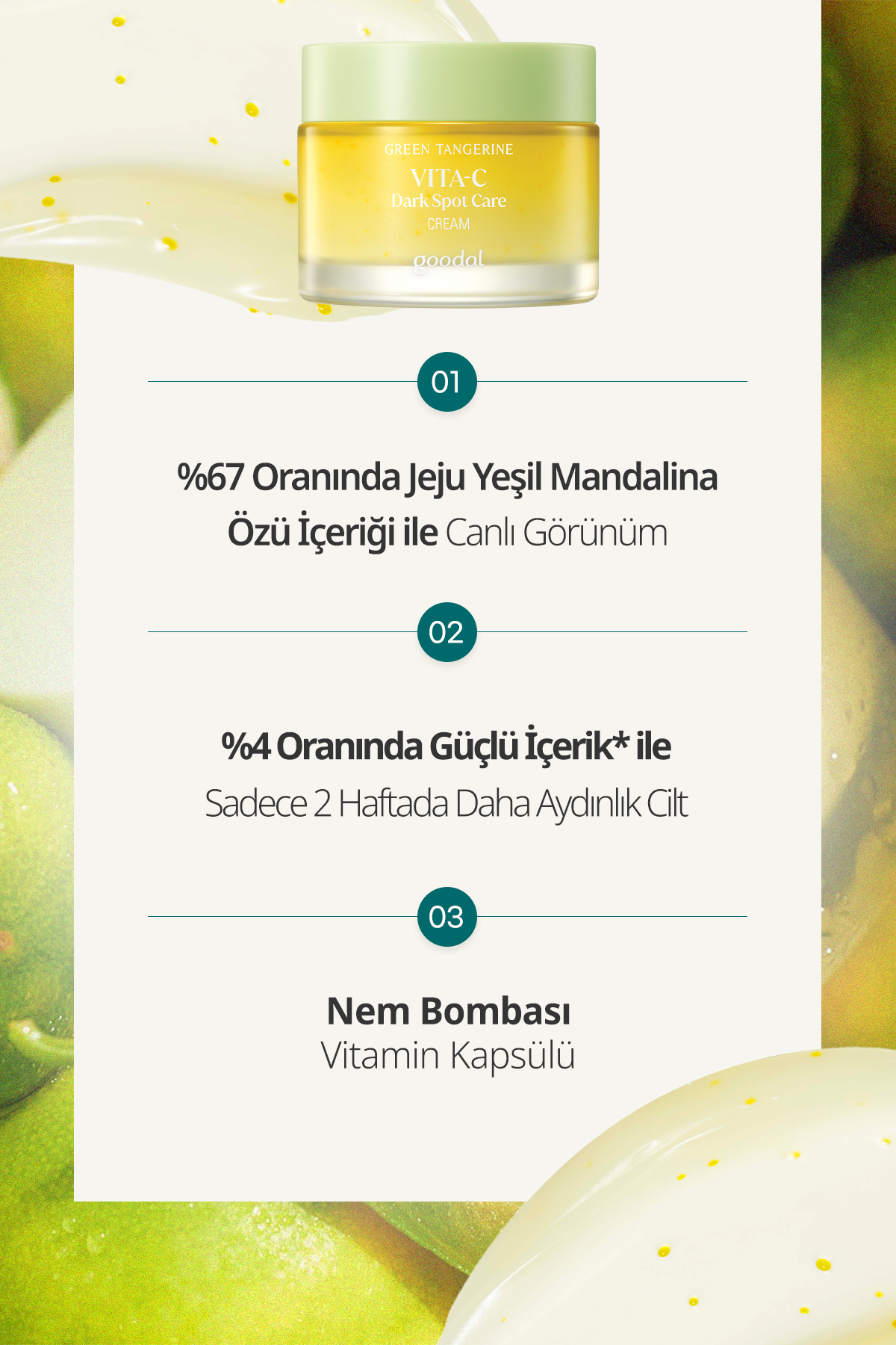 Yeşil Mandalina Özlü Leke Karşıtı Krem GOODAL Green Tangerine Vita C Dark Spot Care Cream — 8809828412048 — تصویر 3 از 9