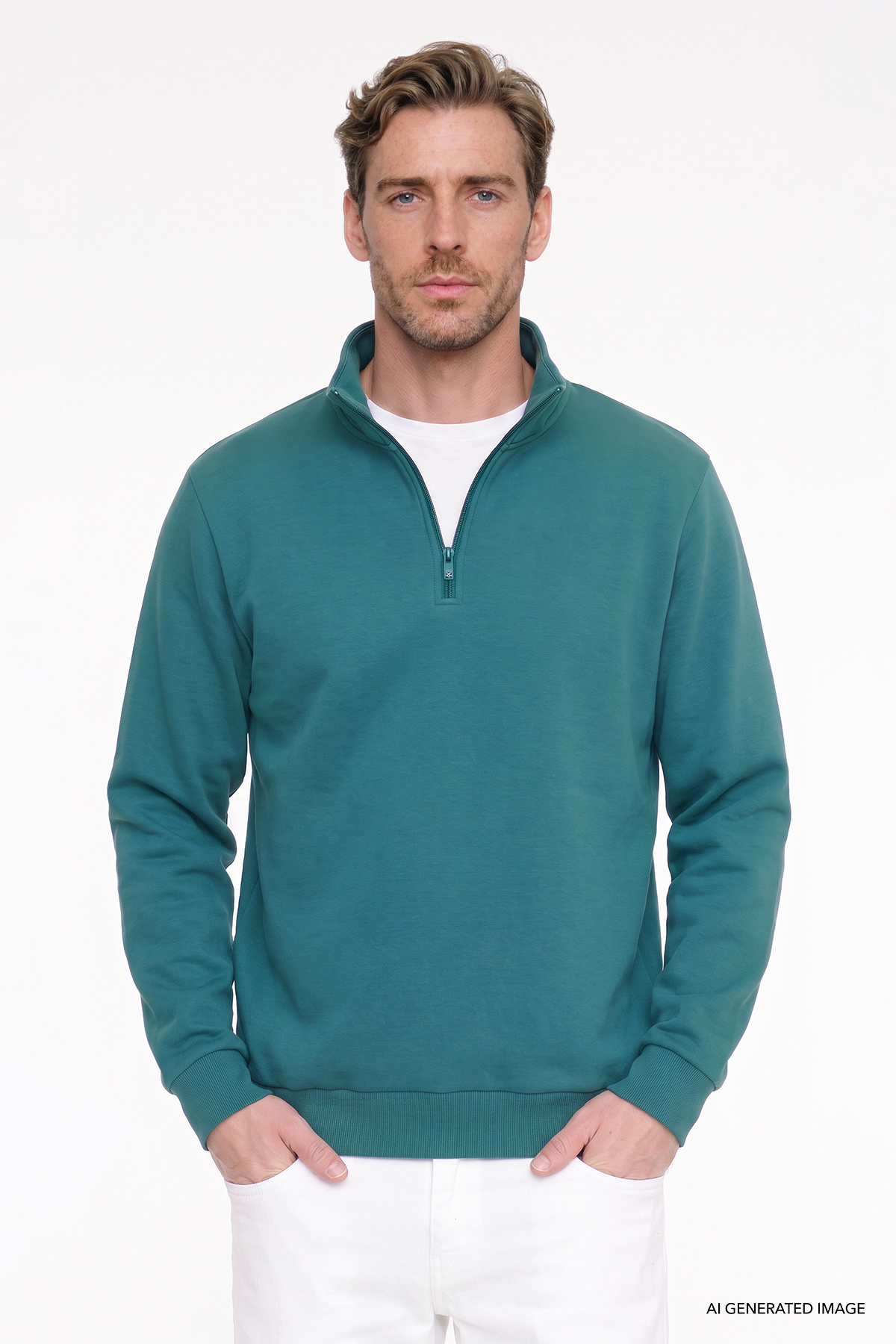 AC&Co / Altınyıldız Classics Erkek Koyu Yeşil Standart Fit Normal Kesim İçi Polarlı Bato Yaka Pamuklu Sweatshirt — سبز ET5224100015