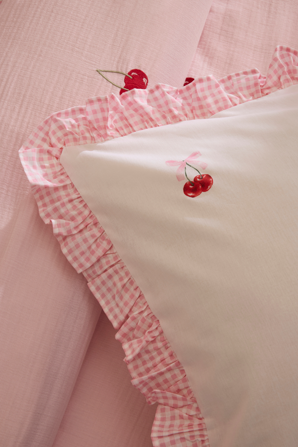 Cherry Grove Çift Kişilik Nakışlı %100 Pamuk Müslin Pike Takımı Pembe 9
