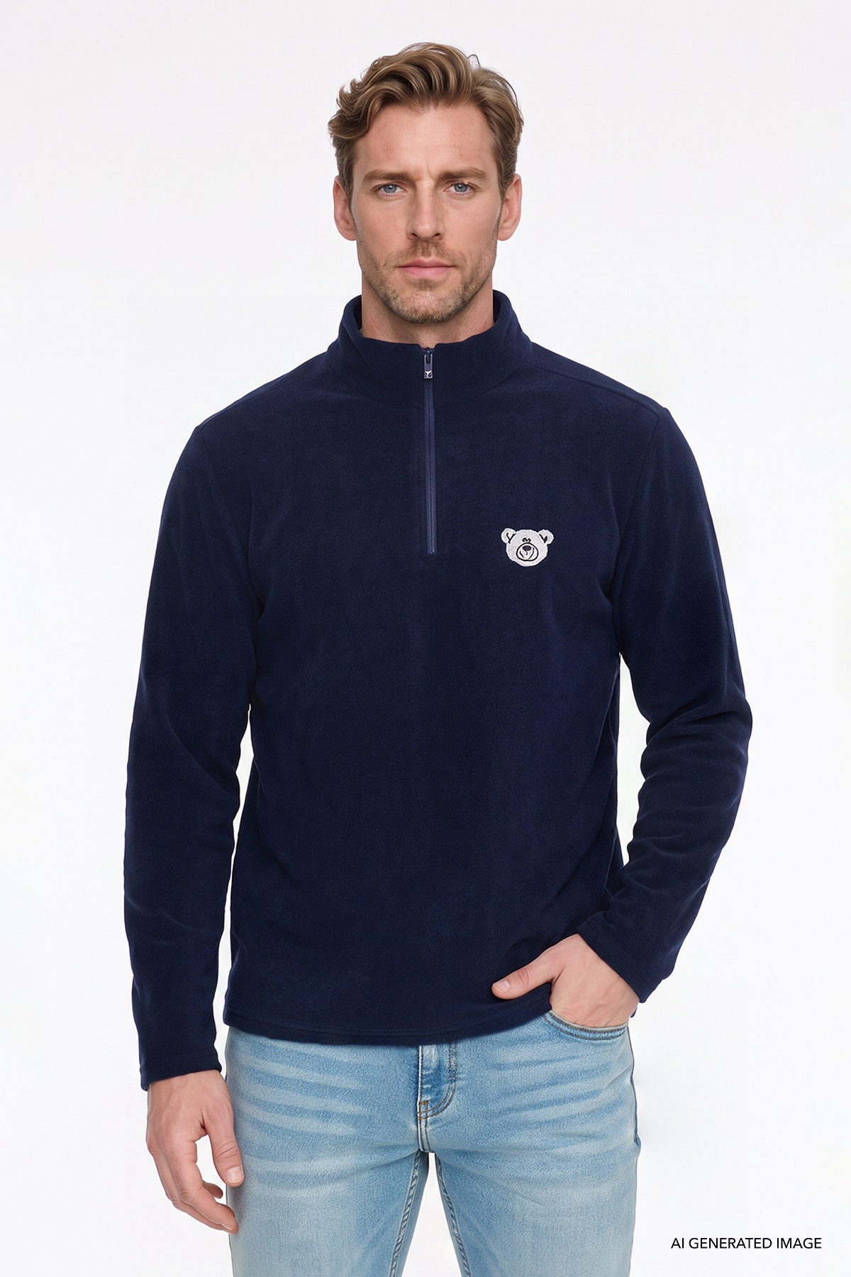 AC&Co / Altınyıldız Classics Erkek Lacivert Anti-Pilling Tüylenme Yapmayan Soğuk Geçirmez Standart Fit Nakışlı Sweatshirt Polar — سرمهای ETE054271004