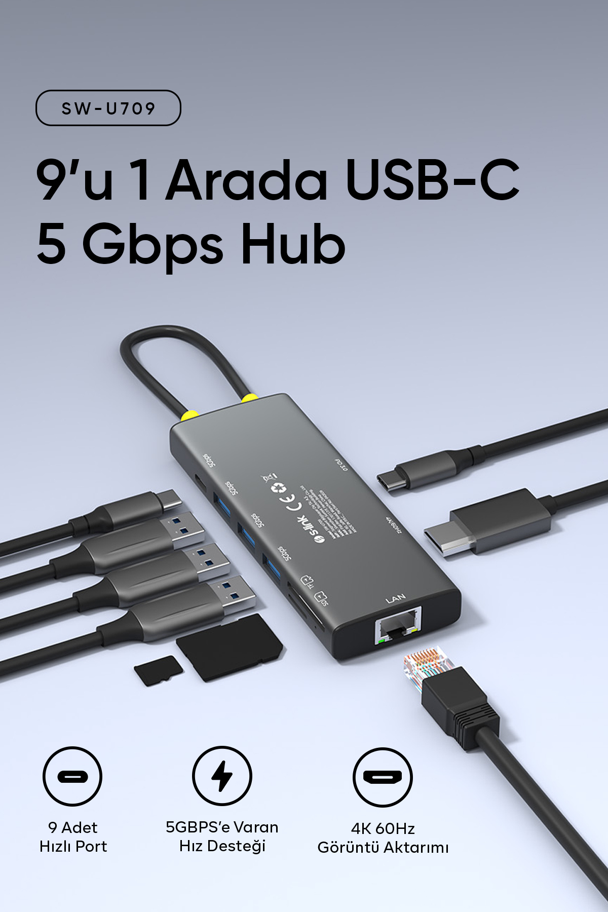 هاب Type C مدل SW-U709 9 در 1 با HDMI 4K 60Hz، 100W PD، RJ45 گیگابیت و 3xUSB 3.2، SD/TF