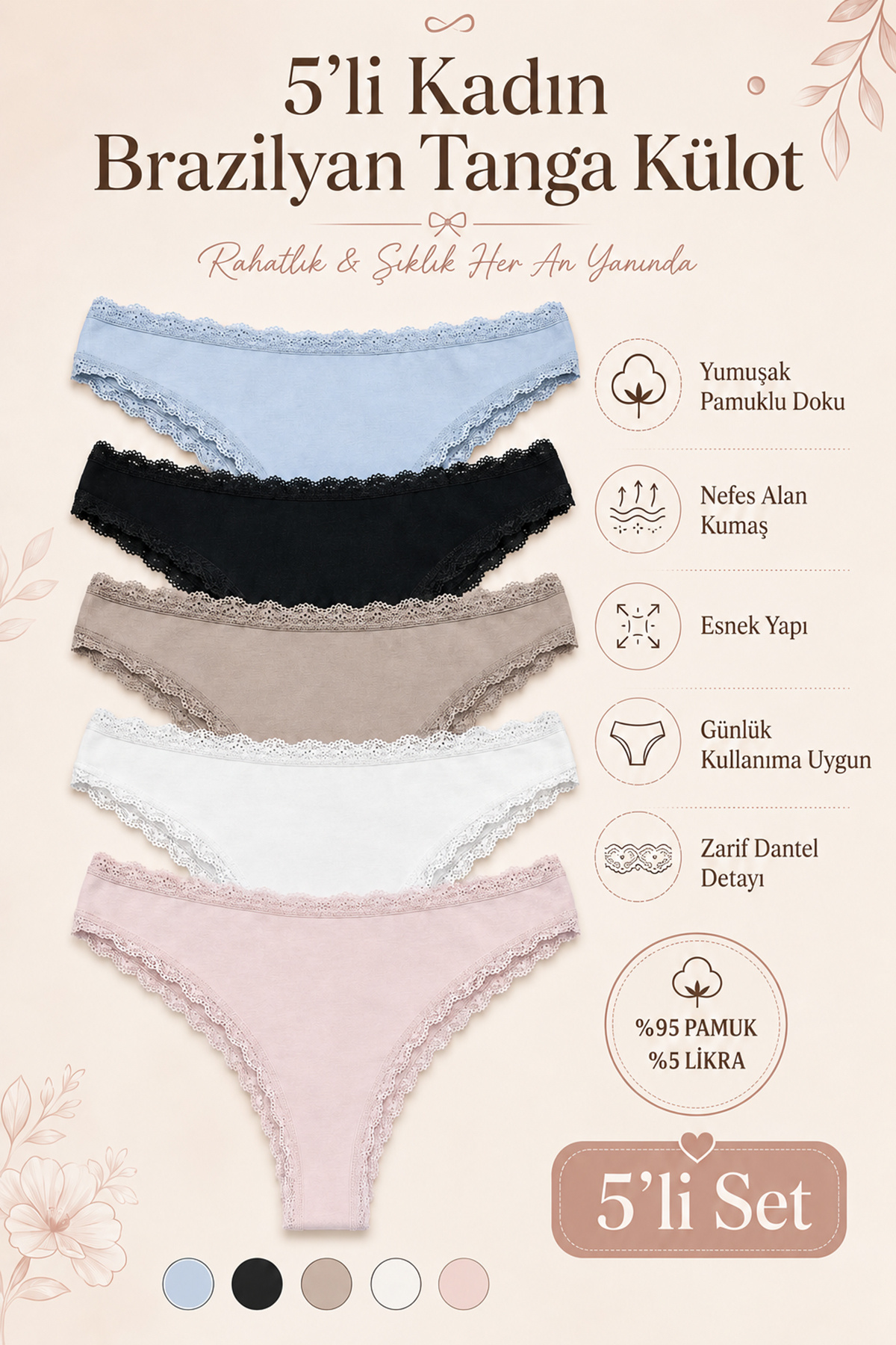 Nicoletta Women's Panties Brazilian Thong 5 Pack Lycra Cotton
