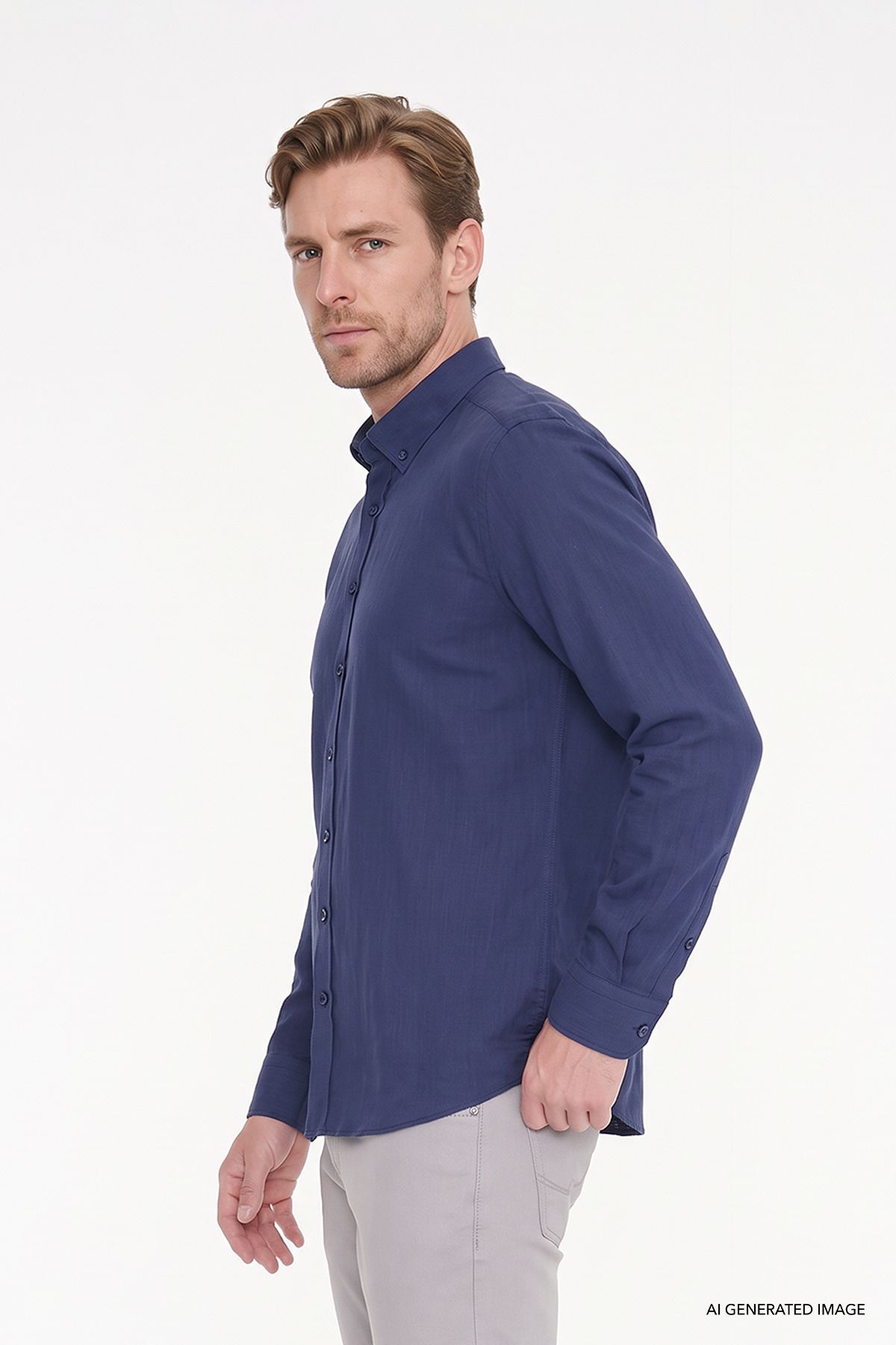 AC&Co / Altınyıldız Classics Erkek Lacivert %100 Pamuk Nefes Alabilen Terletmez Slim Fit Gömlek Flamlı Düğmeli Yaka — سرمه‌ای 4A2021200056