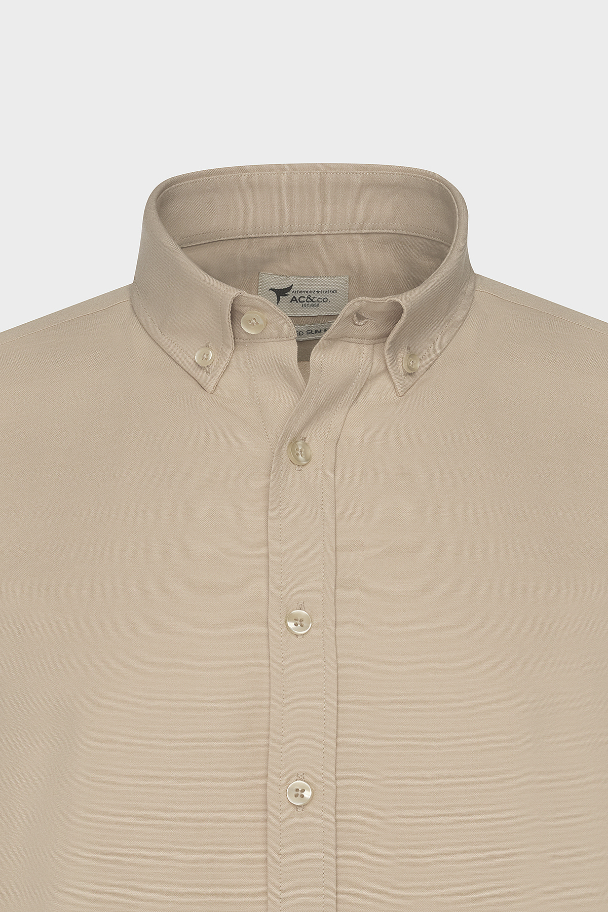 Erkek Oxford Kolay Ütülenebilir Pamuklu Terletmez Gömlek Bej Düğmeli Yaka Slim Fit Dar Kesim — بژ 4A2021100103 — تصویر 10 از 12