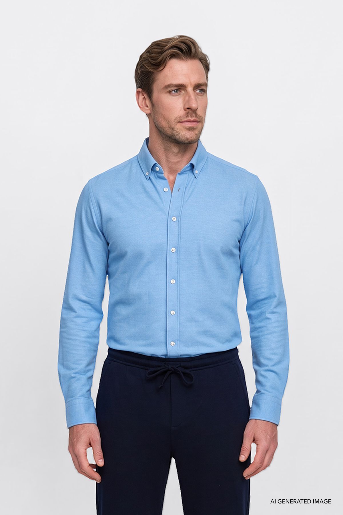 AC&Co / Altınyıldız Classics Erkek Oxford Kolay Ütülenebilir Pamuklu Terletmez Gömlek Mavi Düğmeli Yaka Slim Fit Dar Kesim — آبی 4A2021100103