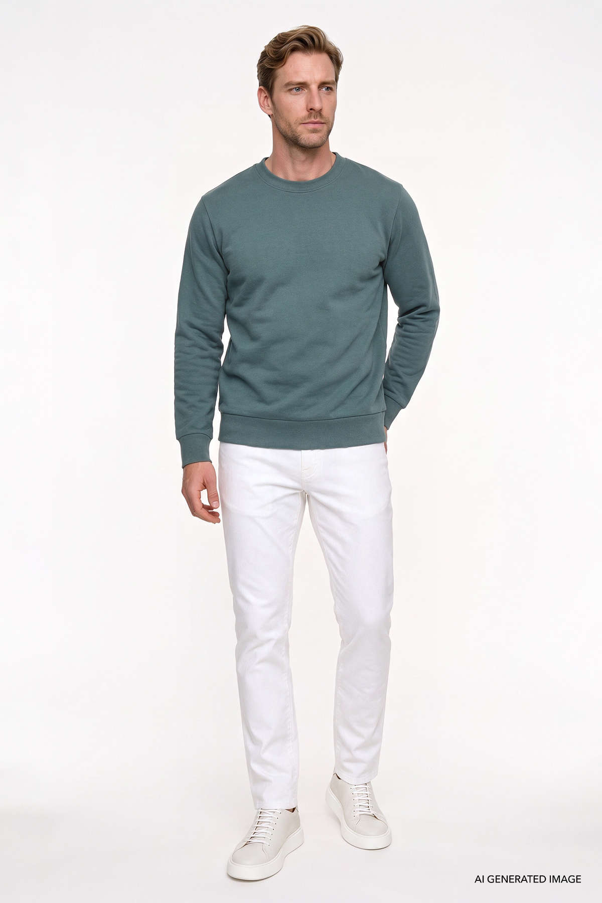 Erkek Koyu Yeşil Pamuklu Standart Fit Normal Kesim 2 İplik Bisiklet Yaka Sweatshirt — سبز ET5224200011 — تصویر 2 از 5