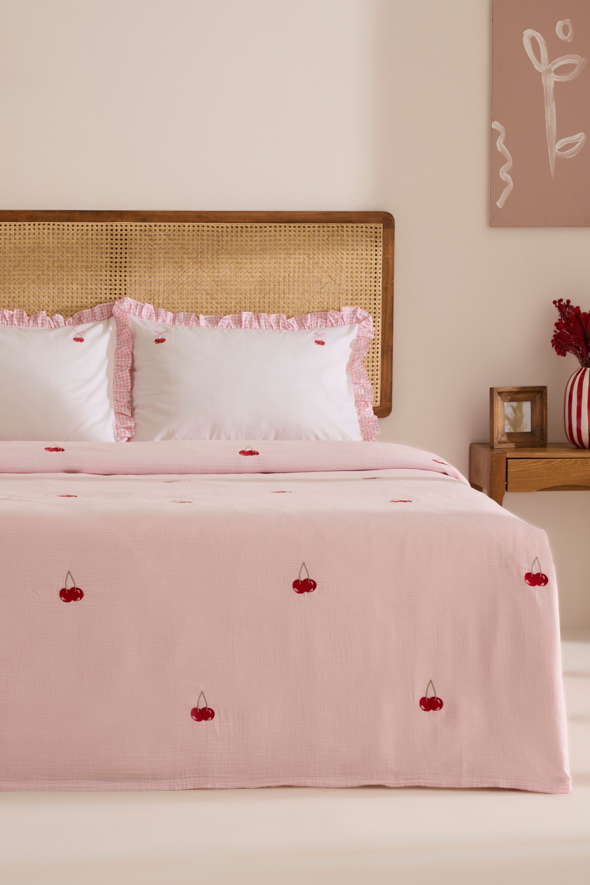 Cherry Grove Çift Kişilik Nakışlı %100 Pamuk Müslin Pike Takımı Pembe 2