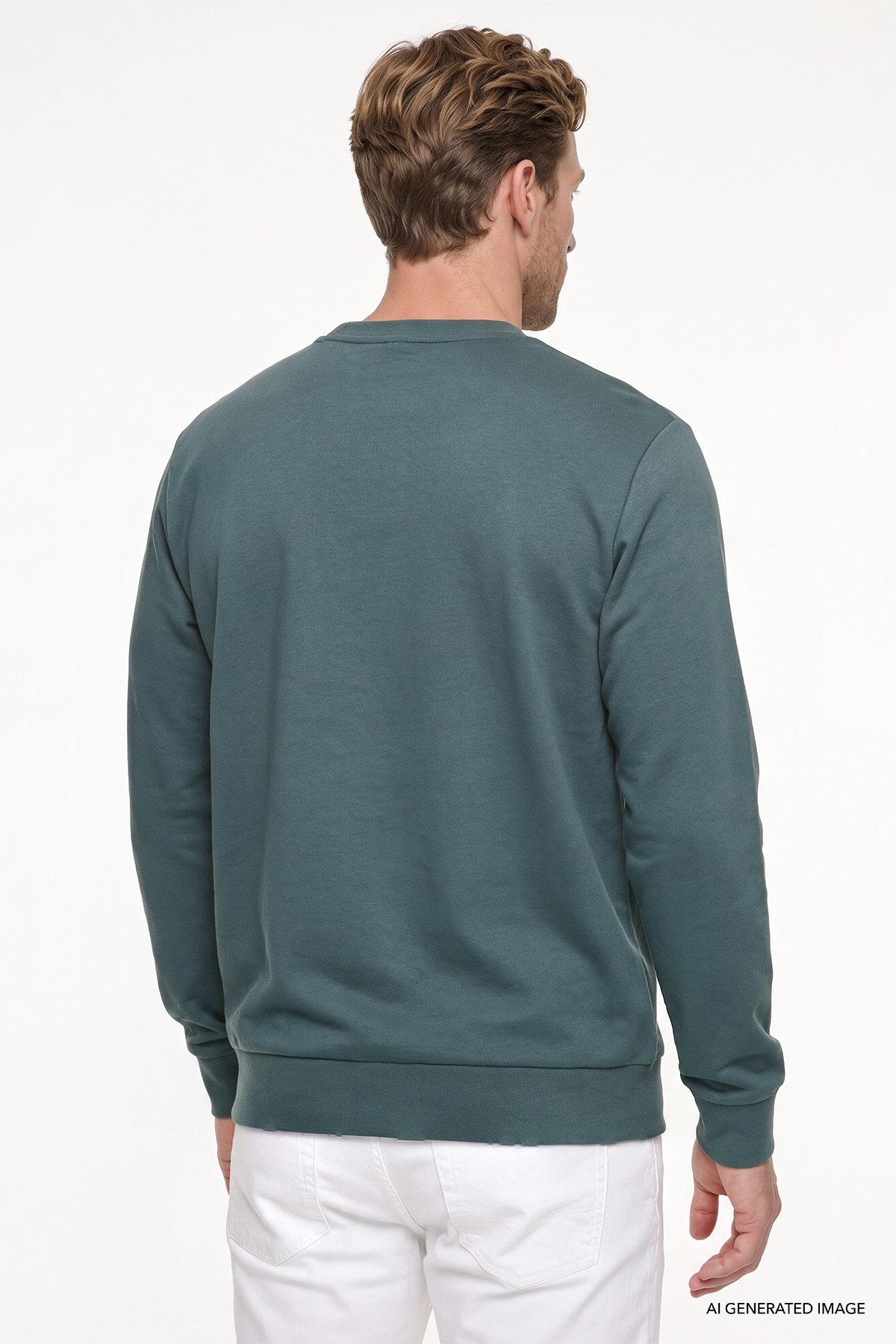 Erkek Koyu Yeşil Pamuklu Standart Fit Normal Kesim 2 İplik Bisiklet Yaka Sweatshirt — سبز ET5224200011 — تصویر 5 از 5