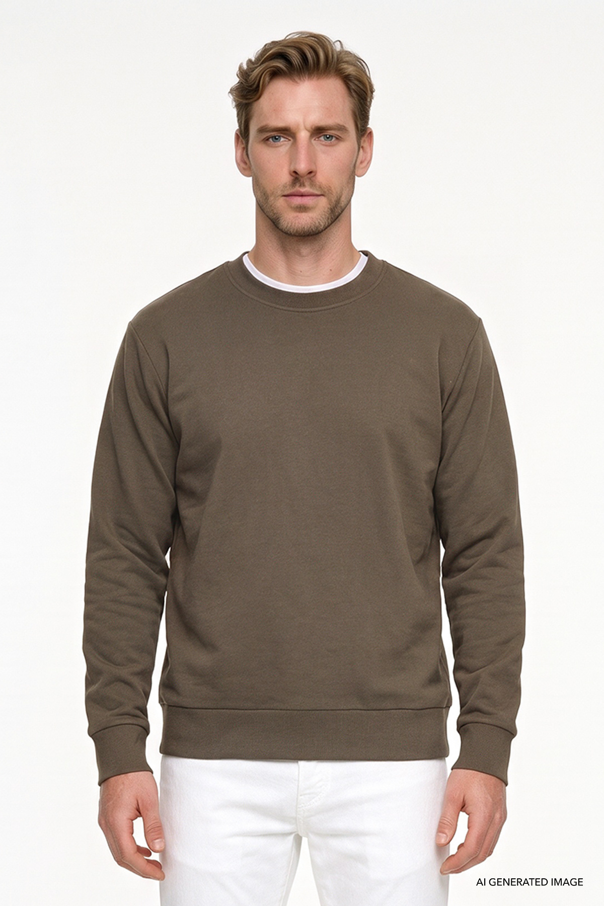 Erkek Haki Pamuklu Standart Fit Normal Kesim 2 İplik Bisiklet Yaka Sweatshirt — خاکی ET5224200011 — تصویر 3 از 6