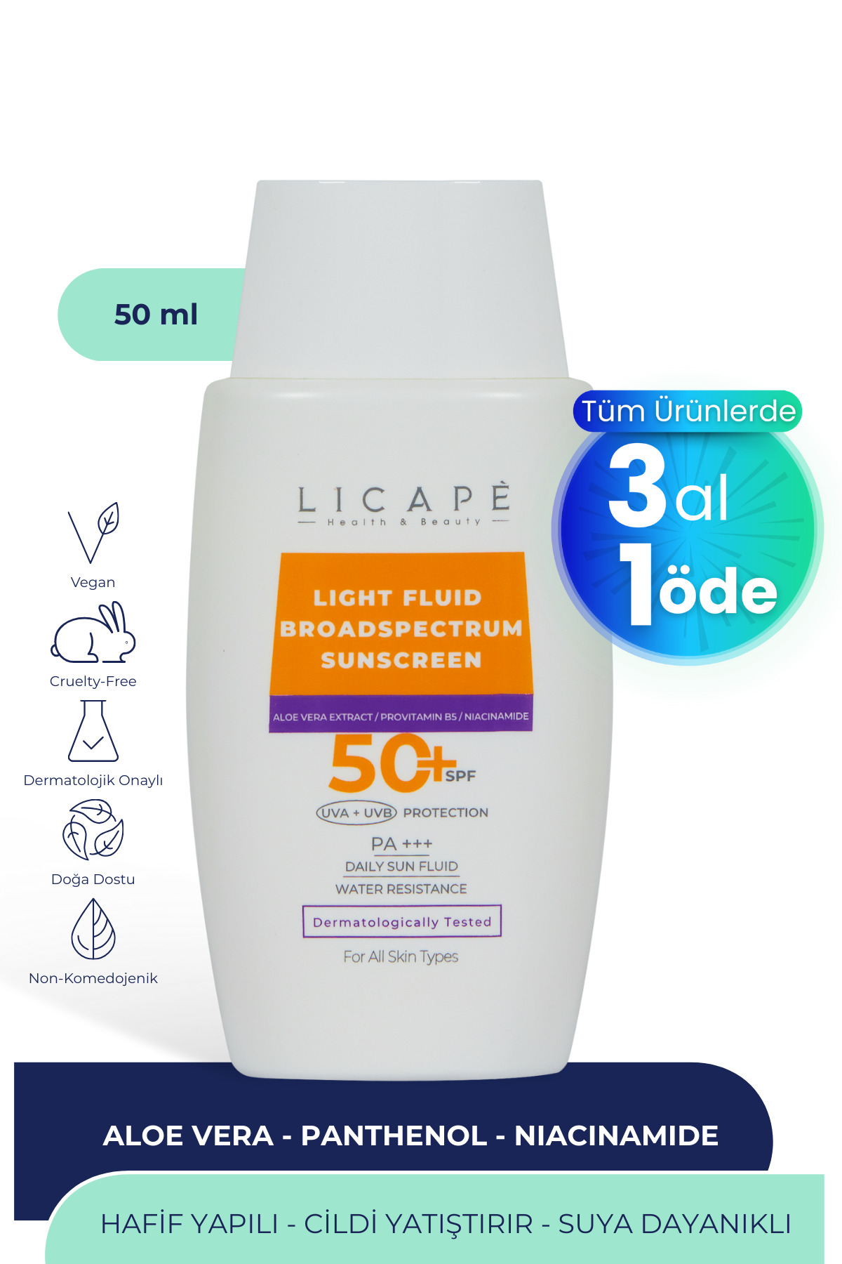 Licape کرم ضد آفتاب مایع با SPF 50 و محافظت بالا در برابر آب، مناسب برای انواع پوست، 50 میلی لیتر — licave35