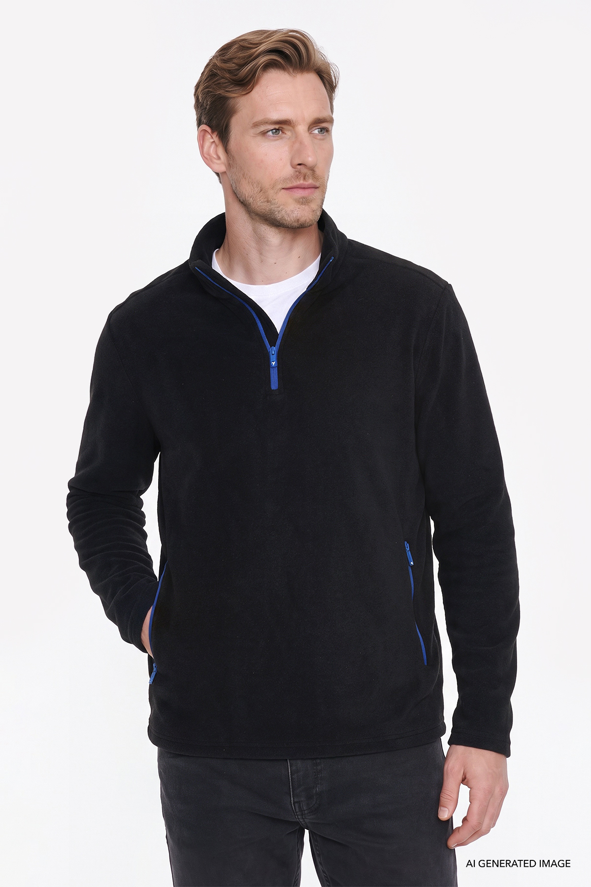 Erkek Siyah Sıcak Tutan Standart Fit Normal Kesim Bato Yaka Çift Fleto Cepli Sweatshirt Polar — مشکی ETE054271003 — تصویر 2 از 7