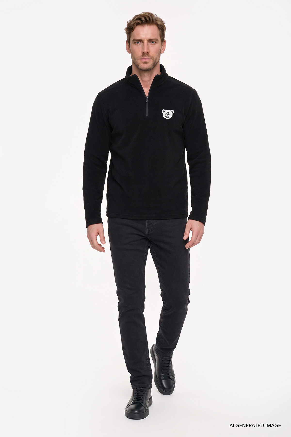 Erkek Siyah Anti-Pilling Tüylenme Yapmayan Soğuk Geçirmez Standart Fit Nakışlı Sweatshirt Polar — مشکی ETE054271004 — تصویر 4 از 7
