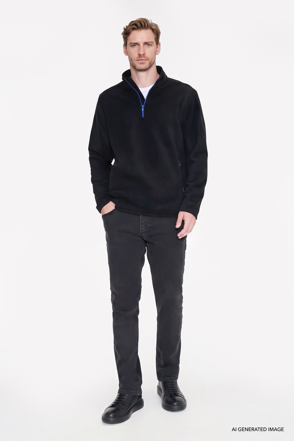 Erkek Siyah Sıcak Tutan Standart Fit Normal Kesim Bato Yaka Çift Fleto Cepli Sweatshirt Polar — مشکی ETE054271003 — تصویر 3 از 7