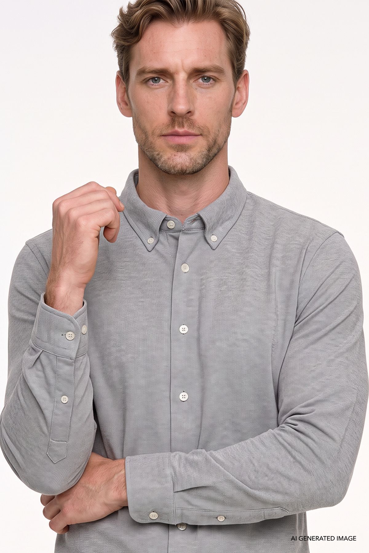 Erkek Gri Nefes Alabilir Esnek Pamuklu Tailored Slim Fit Dar Kesim Düğmeli Yaka Örme Gömlek — خاکستری ETE201262099 — تصویر 4 از 7