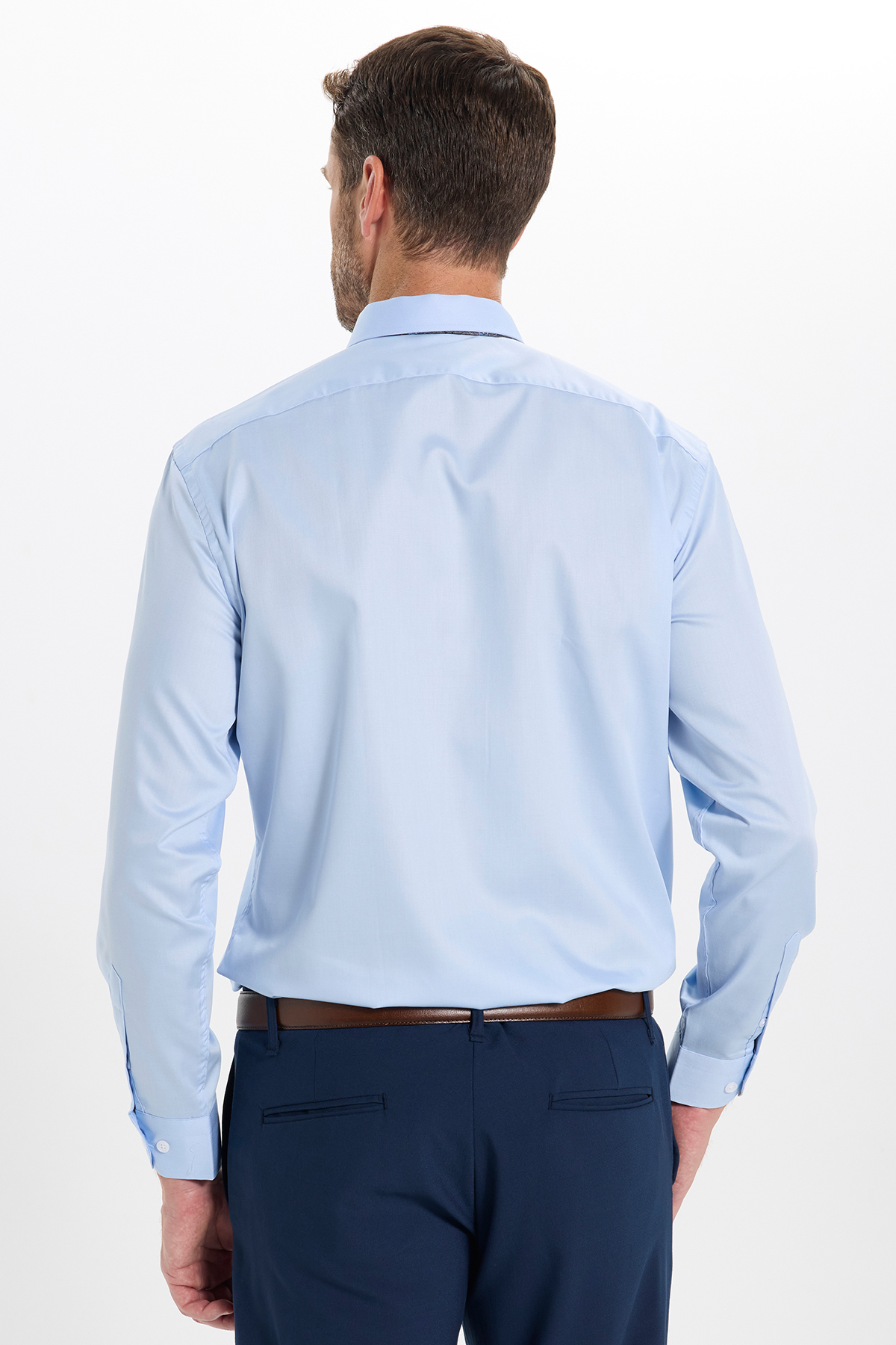 Erkek Slim Fit Non-Iron Pamuklu Kravatlık Yaka Uzun Kol Mavi Gömlek — رنگارنگ DR250009 — تصویر 8 از 10