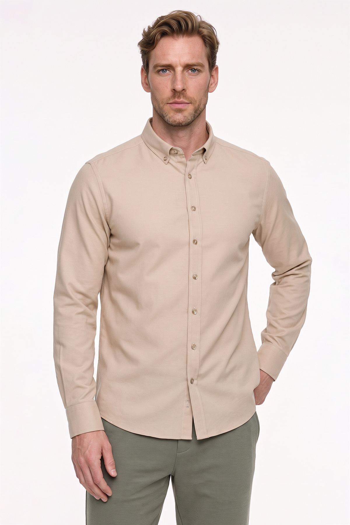 Erkek Oxford Kolay Ütülenebilir Pamuklu Terletmez Gömlek Bej Düğmeli Yaka Slim Fit Dar Kesim — بژ 4A2021100103 — تصویر 3 از 12