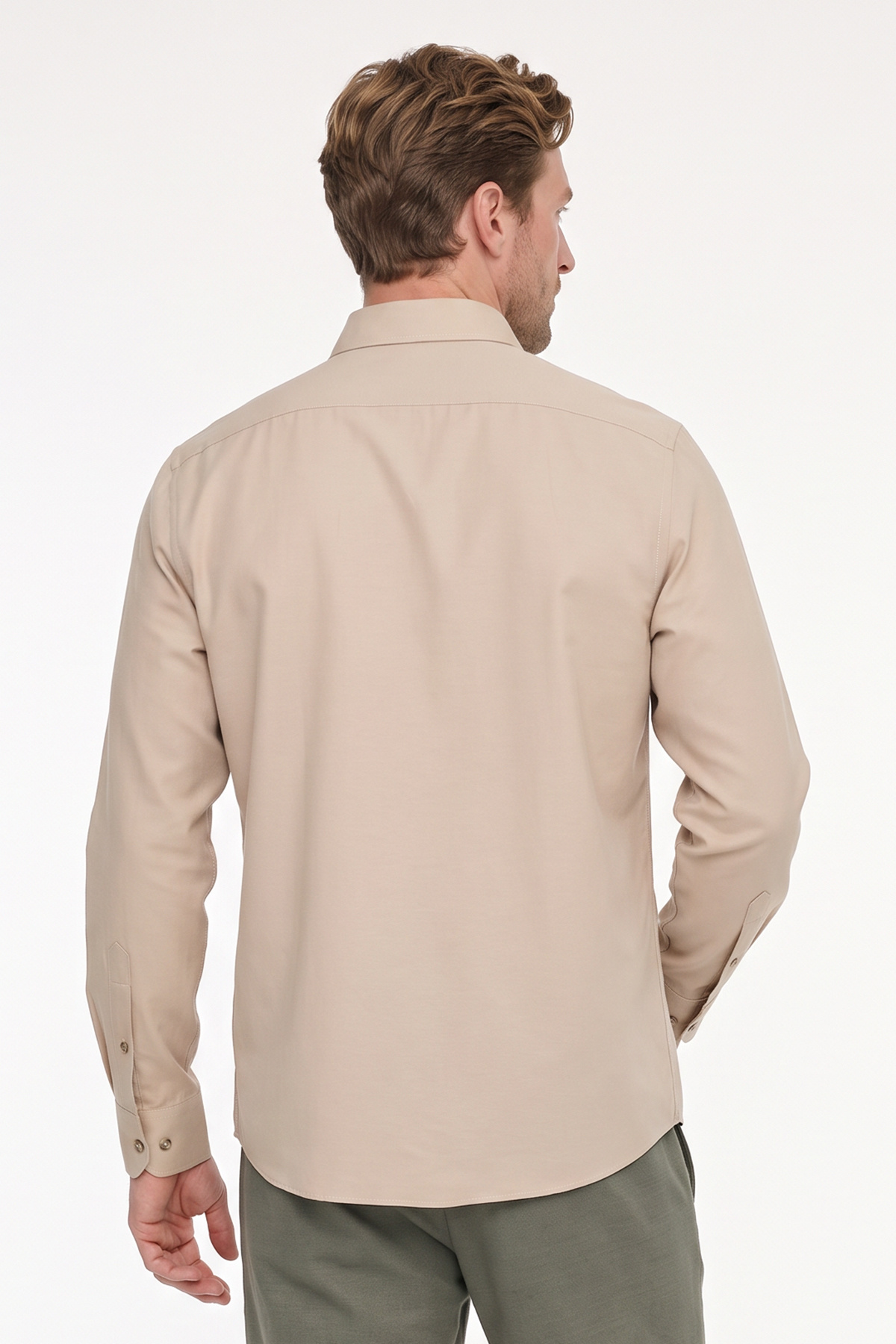 Erkek Oxford Kolay Ütülenebilir Pamuklu Terletmez Gömlek Bej Düğmeli Yaka Slim Fit Dar Kesim — بژ 4A2021100103 — تصویر 8 از 12