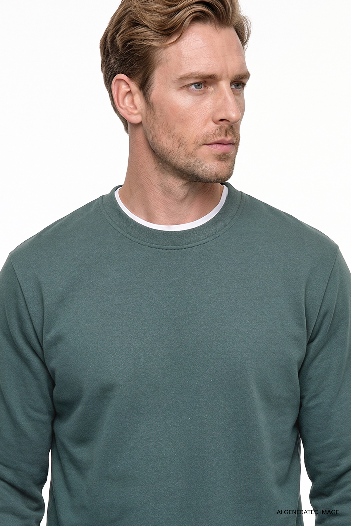 Erkek Koyu Yeşil Pamuklu Standart Fit Normal Kesim 2 İplik Bisiklet Yaka Sweatshirt — سبز ET5224200011 — تصویر 3 از 5